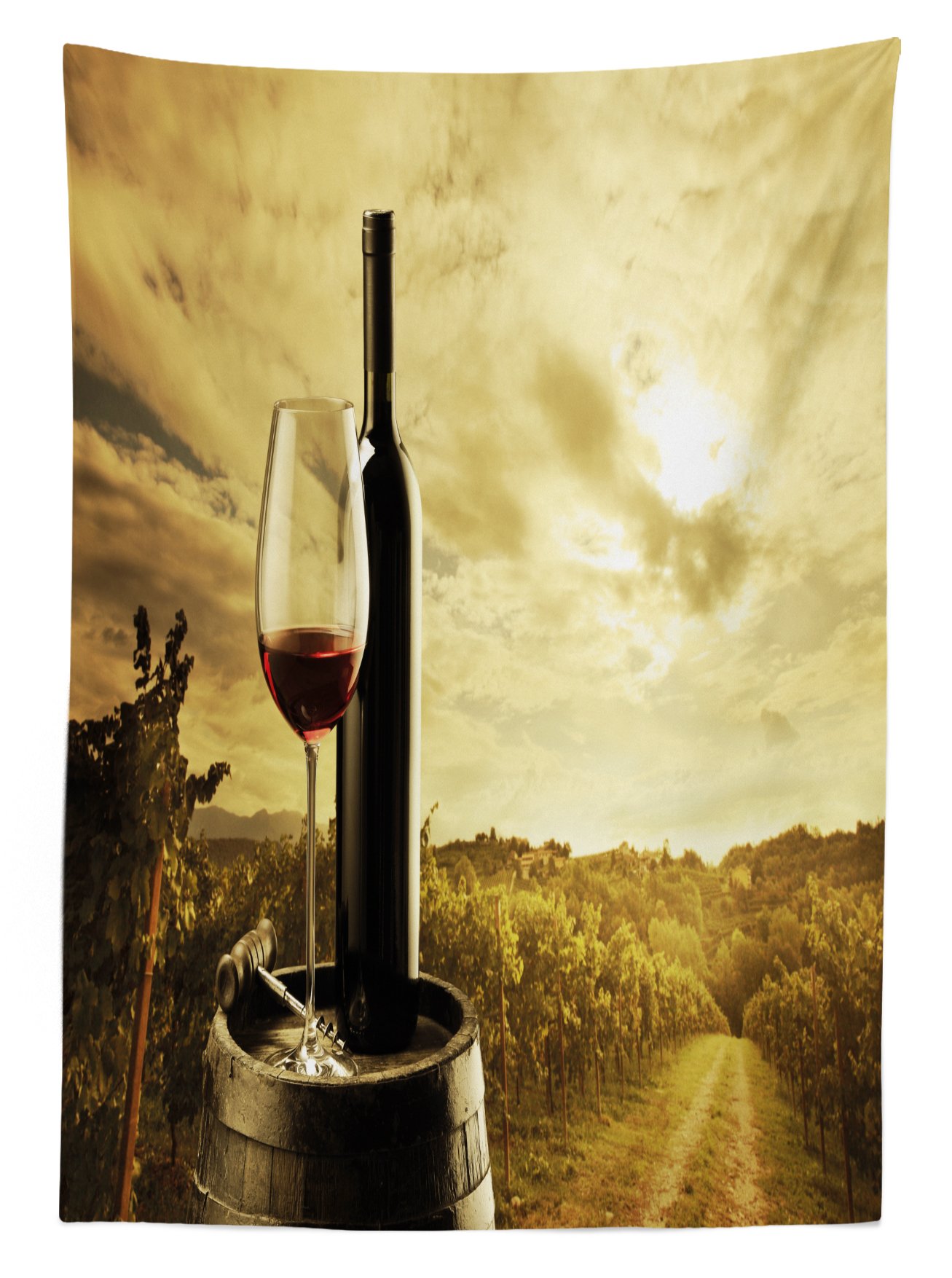 Ambesonne Wine Themed Outdoor Tablecloth - Red Wine Bottle & Glass on Wooden Cask Design, Washable Picnic Table Cover 58x120 Inches, Pale Coffee Green Black - Perfect for Garden Parties, BBQs, and Outdoor Dining