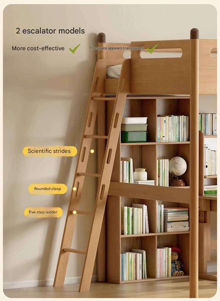 Solid Oak Wood Loft Bed with Storage Cabinet - Space-Saving Furniture for Small Rooms, Kids Bedroom & Dormitory