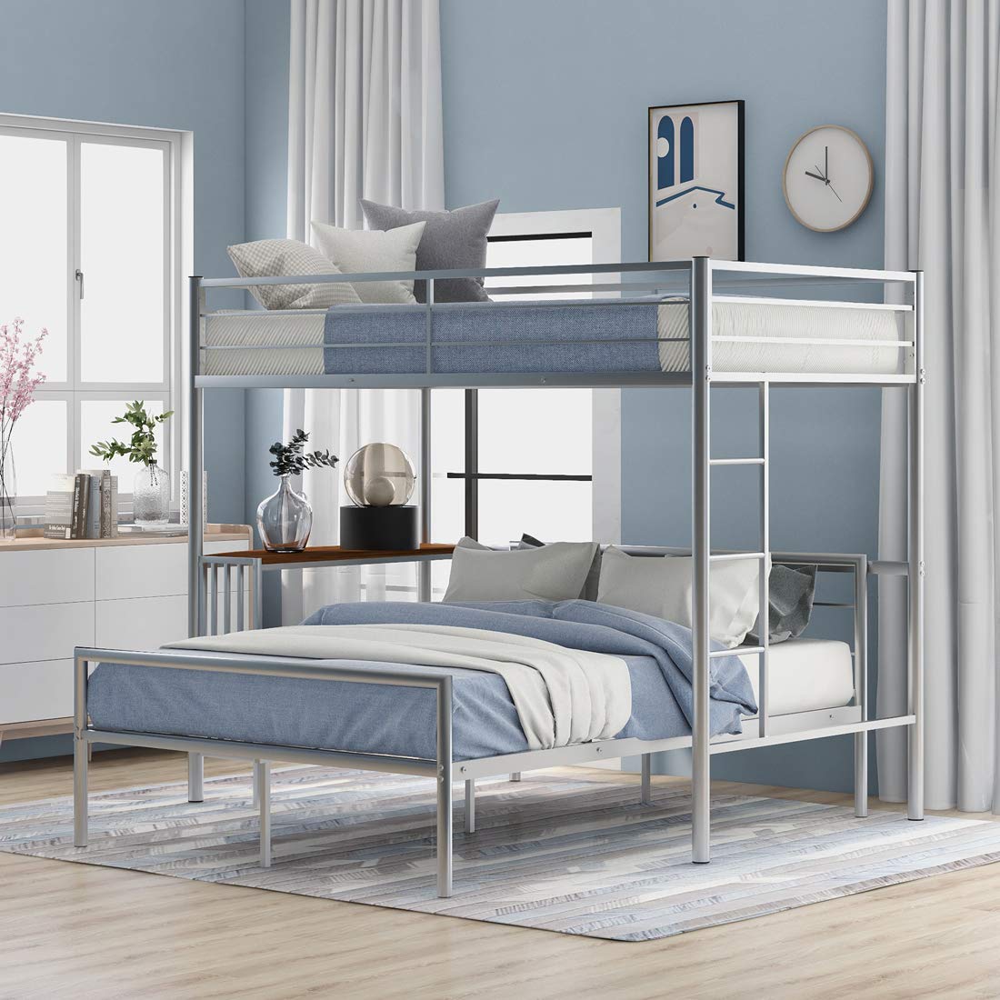 Teeker Twin Over Full Metal Bunk Bed with Study Desk - Sturdy Bunk Bed Frame with Ladder & Reinforced Slats for Kids/Teens Bedroom - Space Saving Silver Bunk Beds for Small Rooms, Dorms & Guest Rooms
