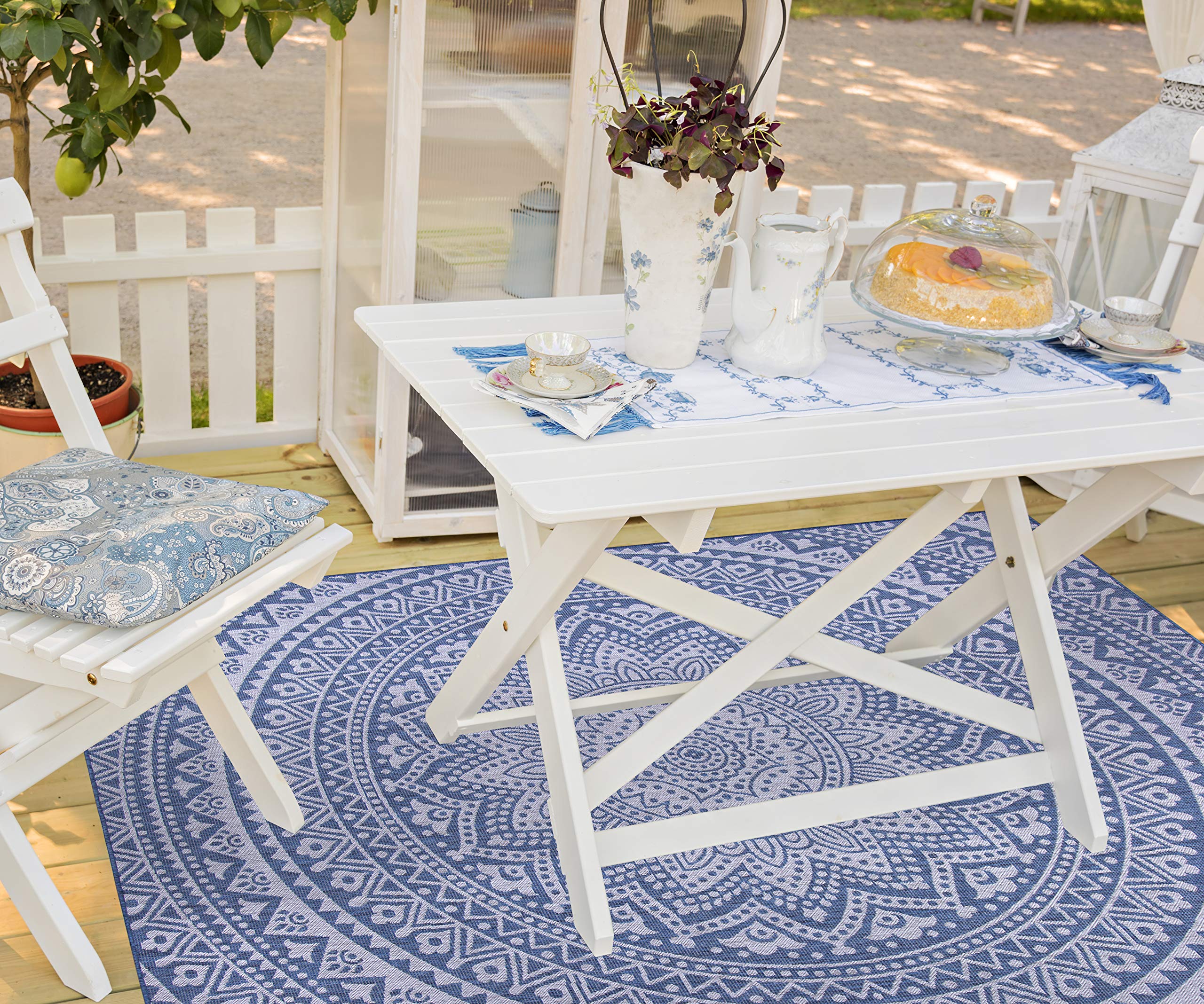 Bohemian Mandala Design Indoor/Outdoor Area Rug - Stain Resistant, Washable & Waterproof - Perfect for Patio, Balcony, Living Room, Kitchen & Bedroom Decor (8'x10', Denim Blue) - Ideal for Yoga Spaces, Meditation Rooms & Boho Chic Home Styling