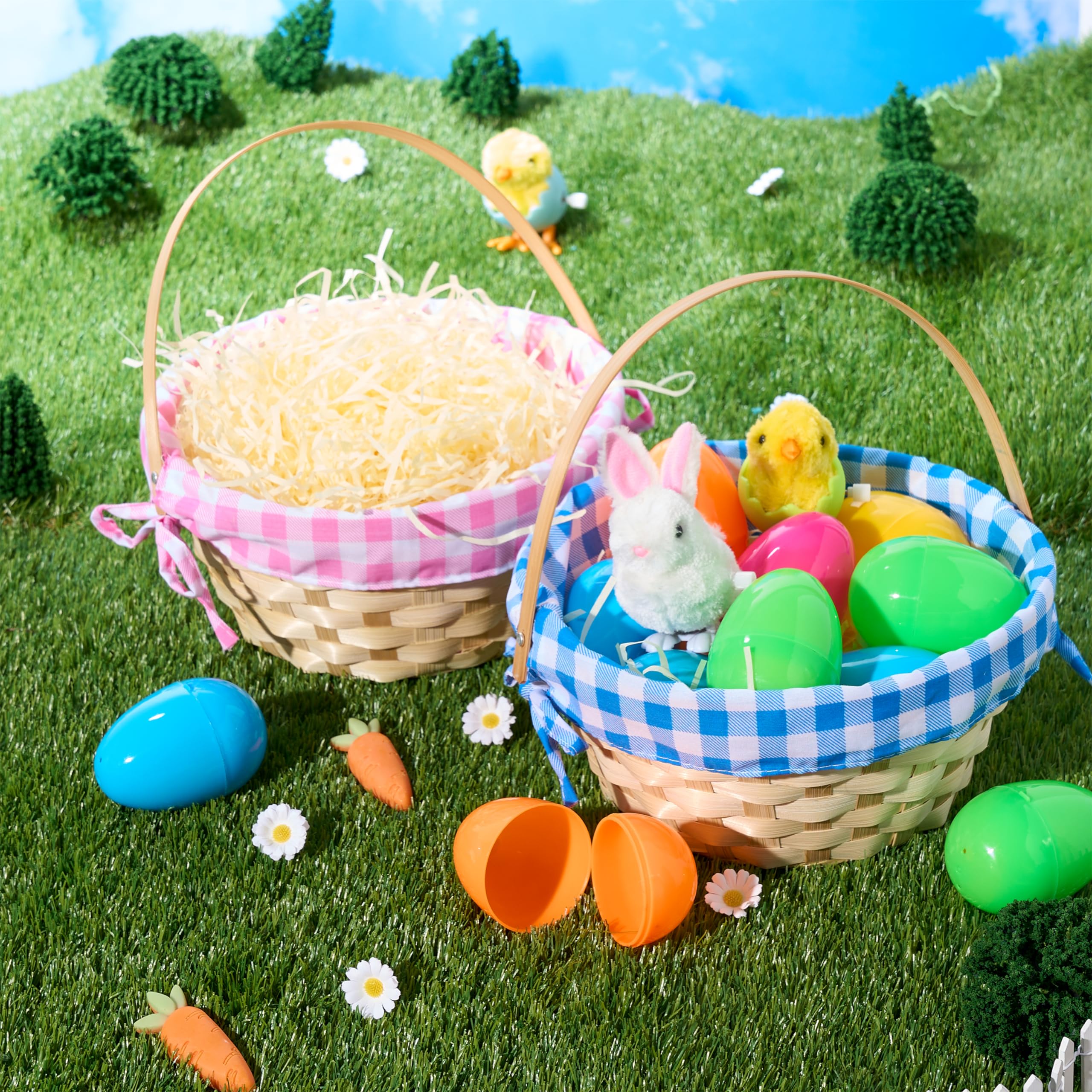 JOYIN 2-Pack Easter Bamboo Woven Baskets with Linen Liner & Handle - Decorative Party, Picnic, Easter Egg Hunt Gift Baskets for Kids (Boys & Girls) - Perfect for Candy, Treats & Holiday Decorations