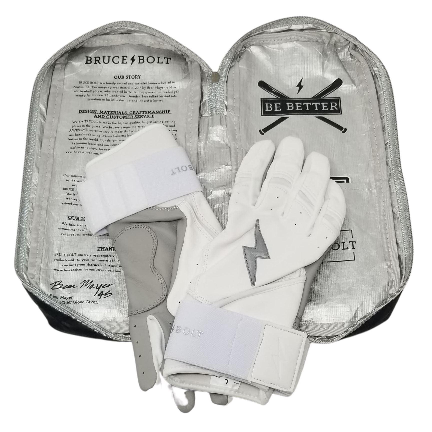 Bruce Bolt PREMIUM PRO Chrome Series Long Cuff Batting Gloves for Baseball & Softball - White | Durable Grip, Enhanced Protection & Comfort | Ideal for Training, Games & Competitive Play