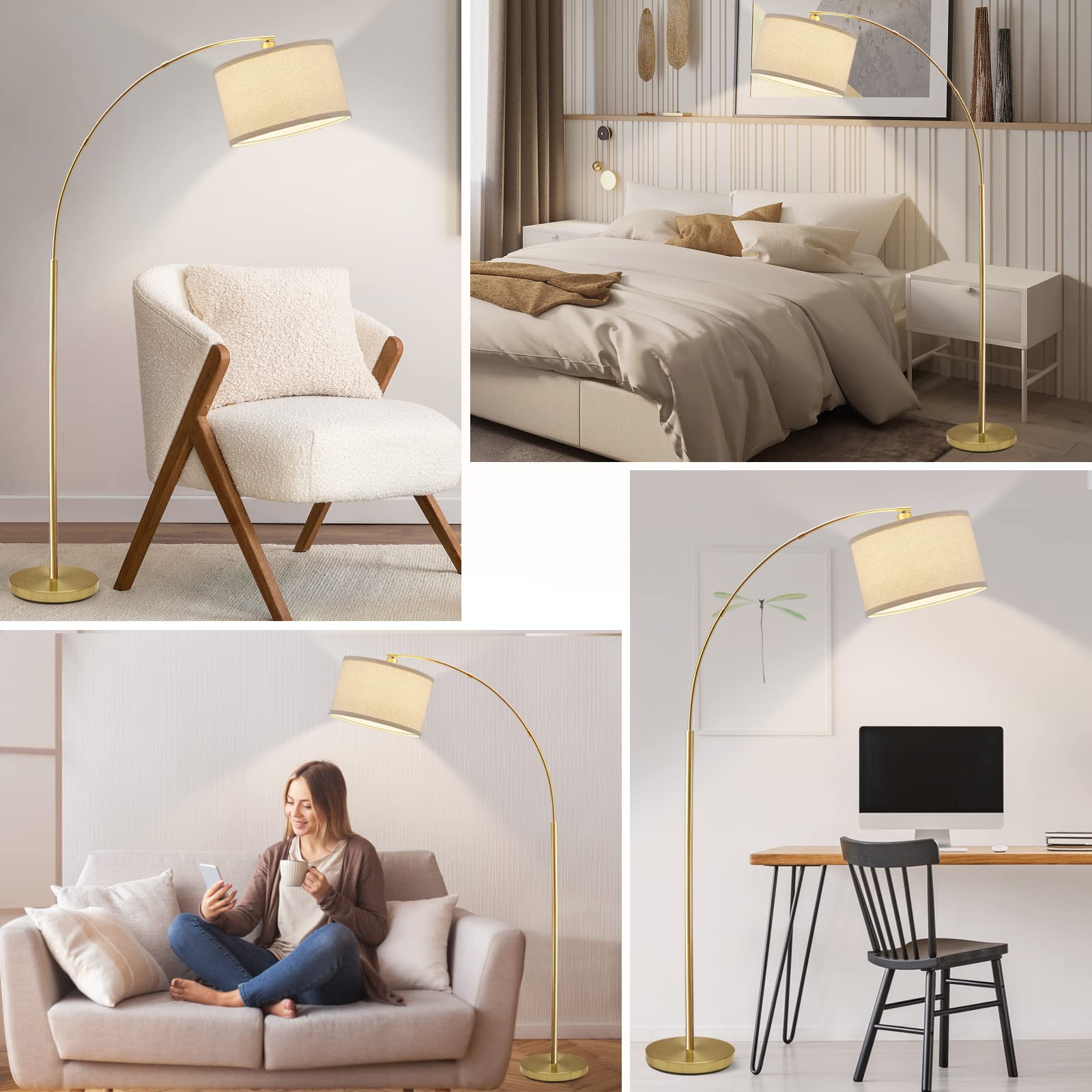 Modern Gold Arc Floor Lamp for Living Room - Adjustable Hanging Drum Shade with Tall Pole & Foot Switch - Over Couch Arched Reading Light for Bedroom, Office, Study - LED Bulb Not Included - Perfect for Cozy Reading Nooks & Contemporary Home Decor