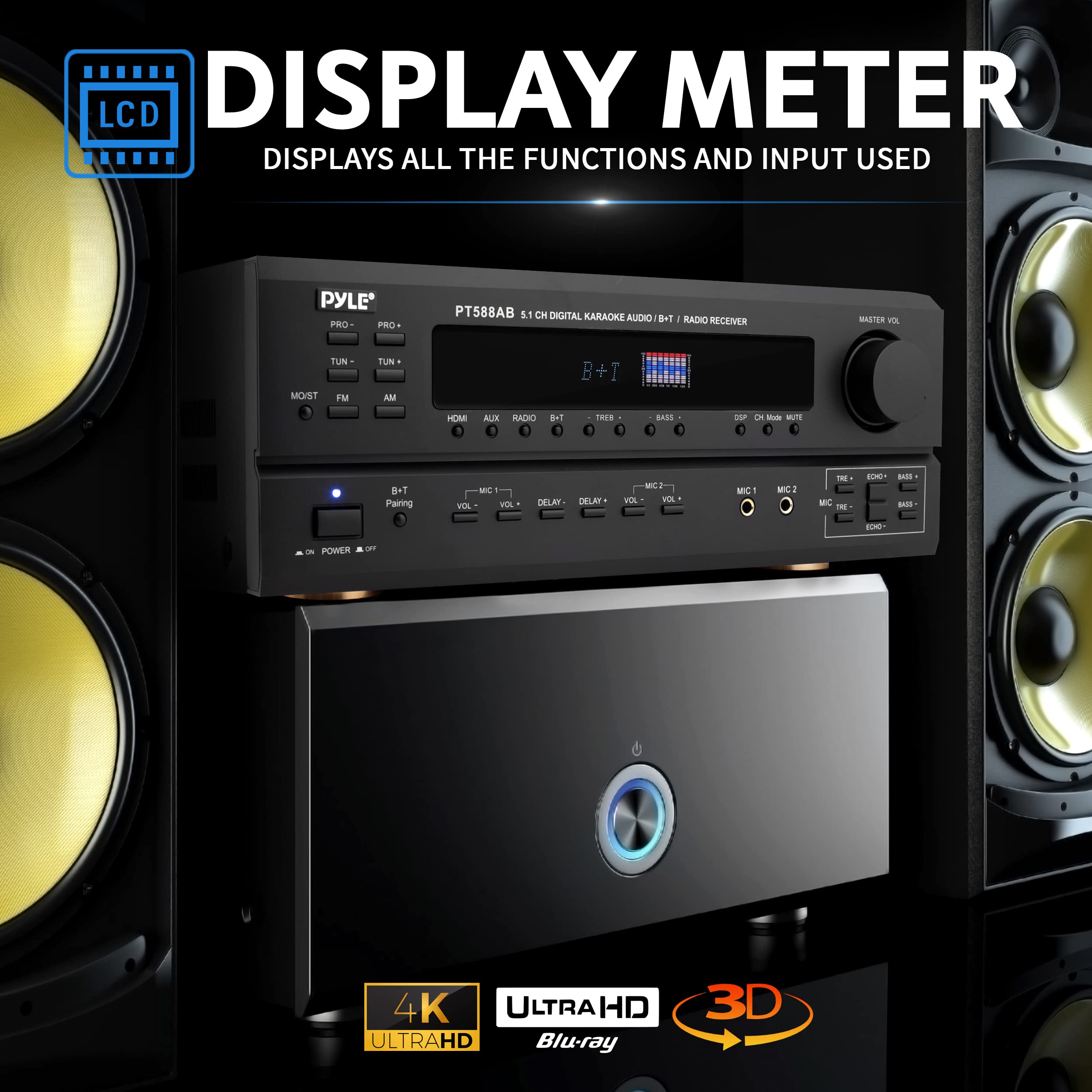 Pyle PT588AB.5 Wireless Bluetooth 5.1 Channel Home Theater Amplifier System - 420W Power, RCA/AUX Inputs, Microphone with Echo, Remote Control - Compatible with Subwoofers & Speakers - Perfect for Movie Nights, Gaming & Home Entertainment Systems