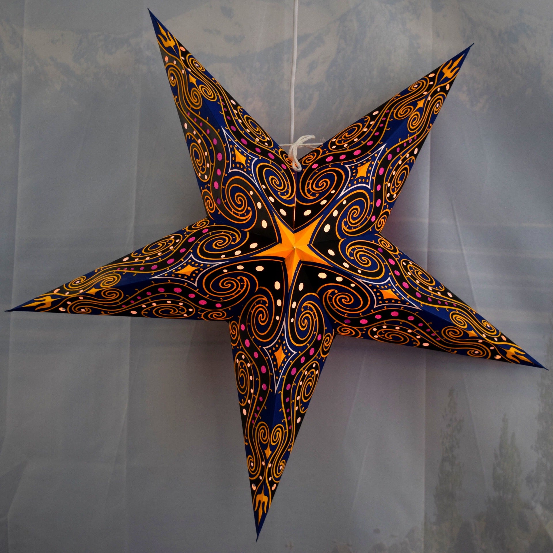 24 Inch Blue and Yellow Paper Star Lantern - Decorative Astral Wind Hanging Decor for Party, Wedding, Home & Outdoor Events