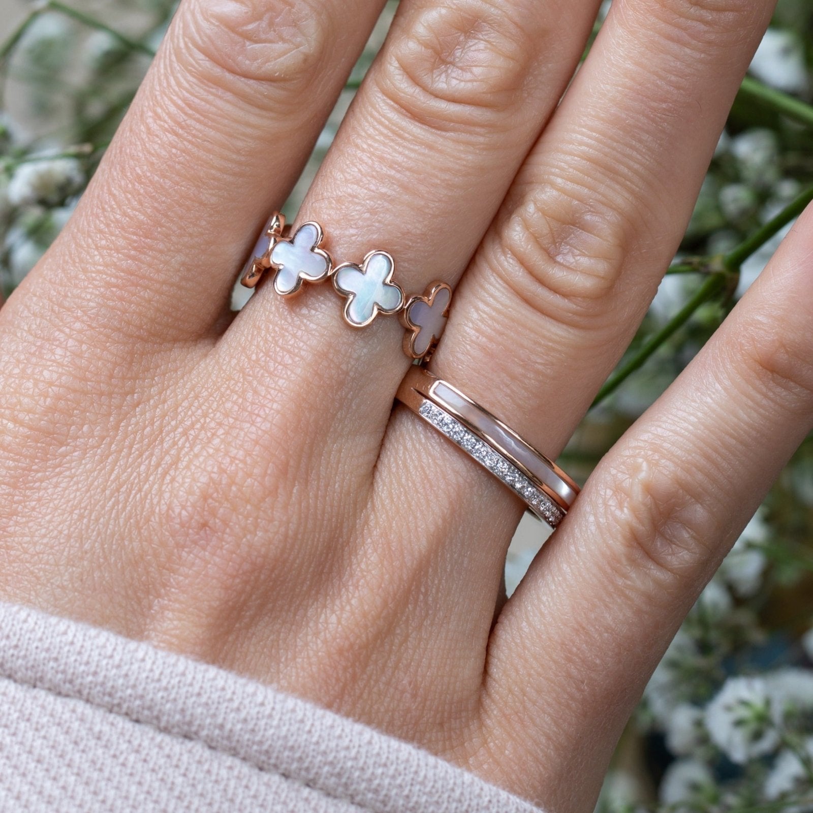 14k Rose Gold Mother of Pearl Clover Eternity Ring - Elegant Four Leaf Clover Jewelry for Women - Perfect for Anniversaries, Weddings & Special Occasions