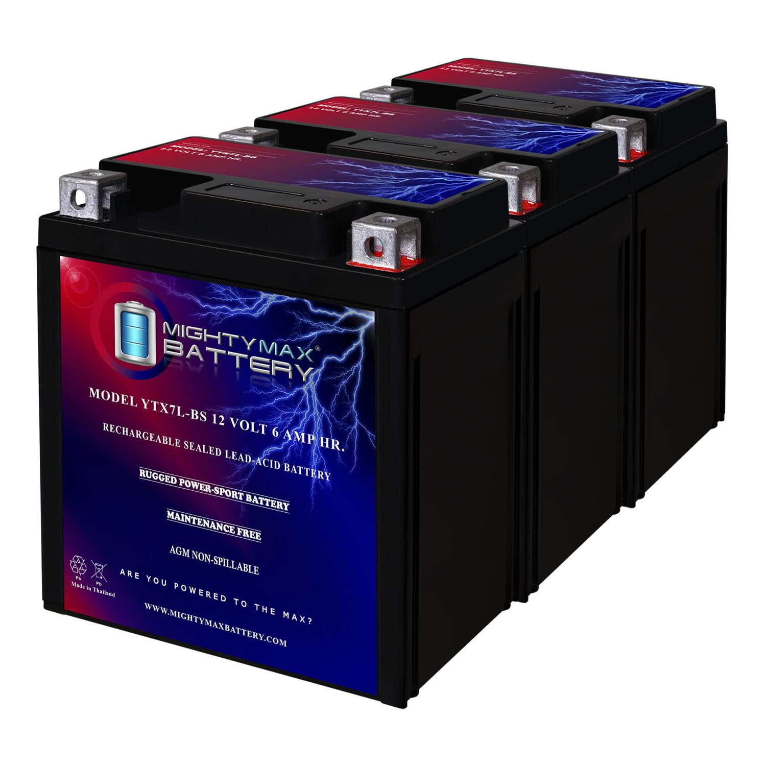 Mighty Max YTX7L-BS 12V 6Ah Rechargeable Motorcycle Battery - 3 Pack Replacement for Suzuki DR 125 (1994-1996) | Powersport, ATV & Dirt Bike Riding Accessories