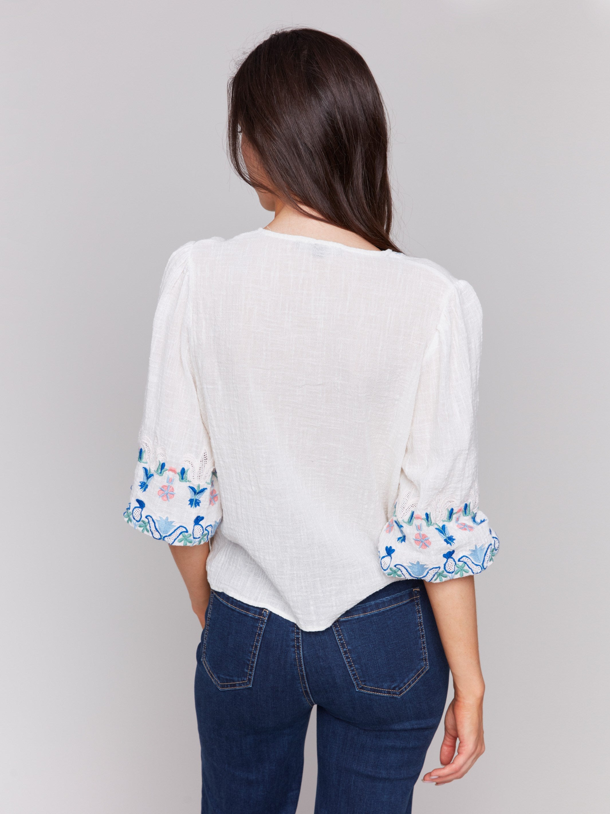 Embroidered 3/4 Sleeve Cotton Blouse with Front Tie - Women's Fashion Top for Casual & Office Wear - White