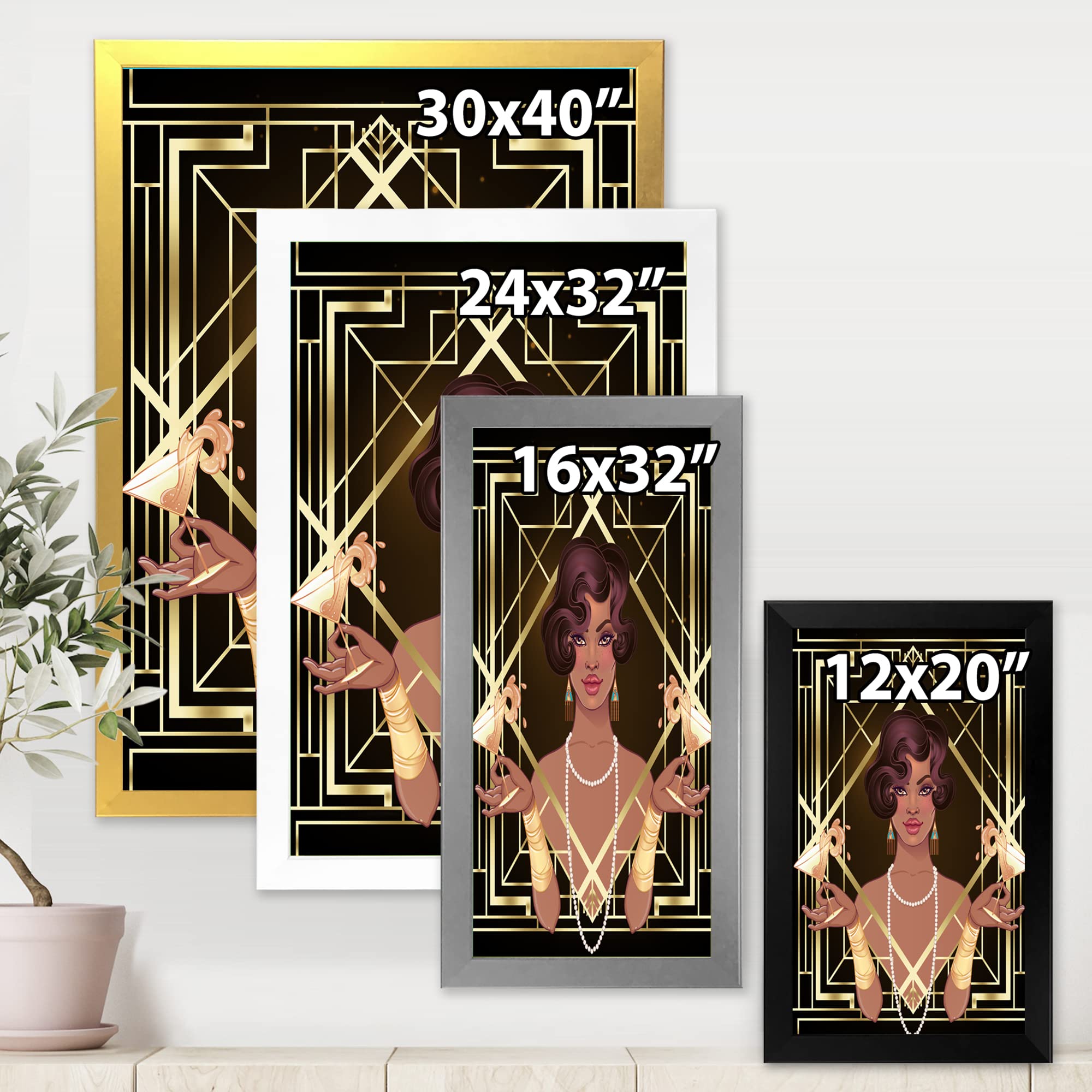 DesignQ Retro Women Golden Art Deco Geometric Framed Wall Art - Modern Home Decor for Living Room, Bedroom & Office