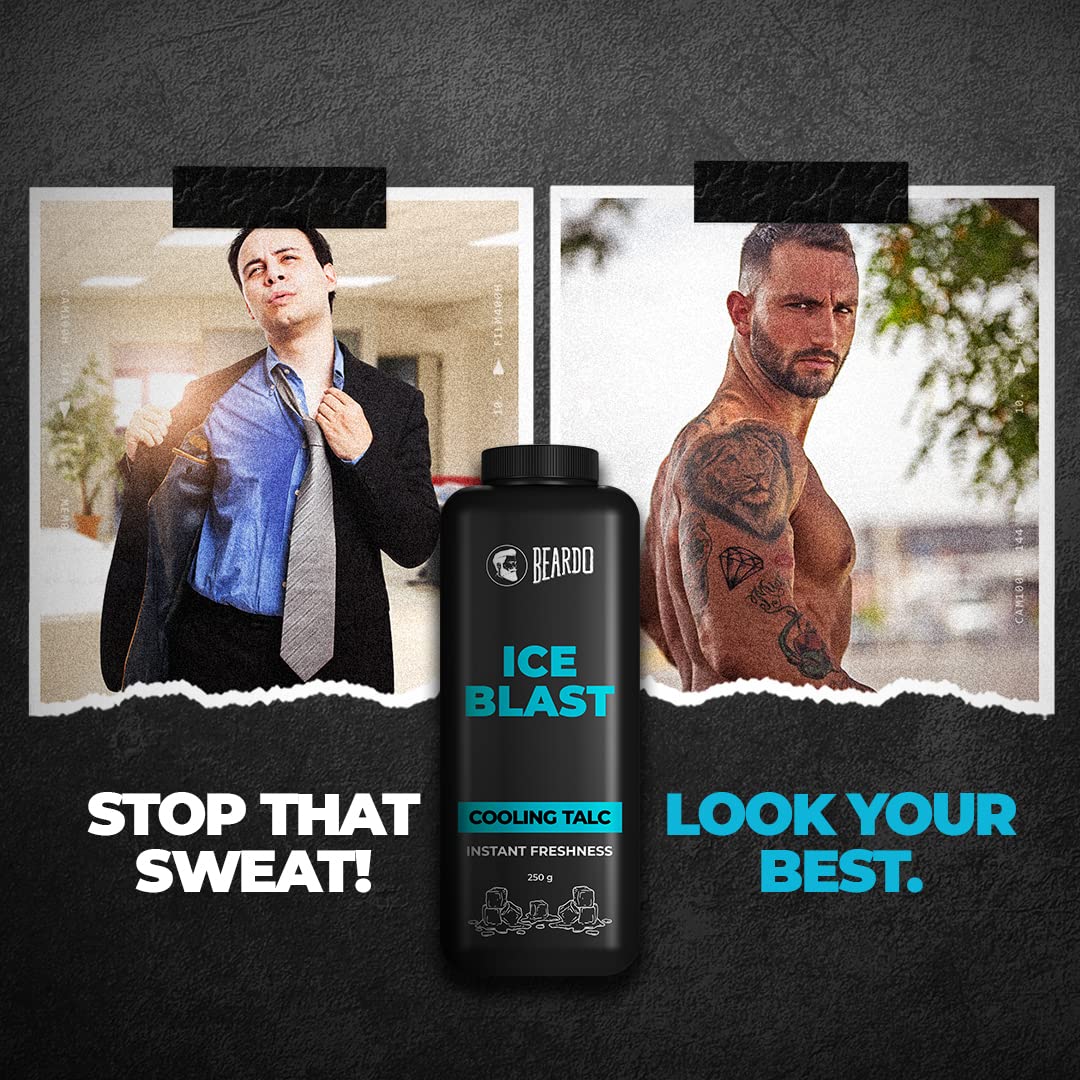 Beardo Ice Blast Cooling Talcum Powder for Men - 250g | Menthol Infused Instant Cooling Body Powder with Aloe Vera & Vitamin E | Perfect for Gym, Travel & Hot Weather Relief