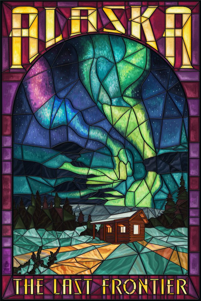 Alaska Cabin & Northern Lights Stained Glass Art Print - 24x36 Signed Wall Decor Poster - Perfect for Living Room, Bedroom & Cabin Decor