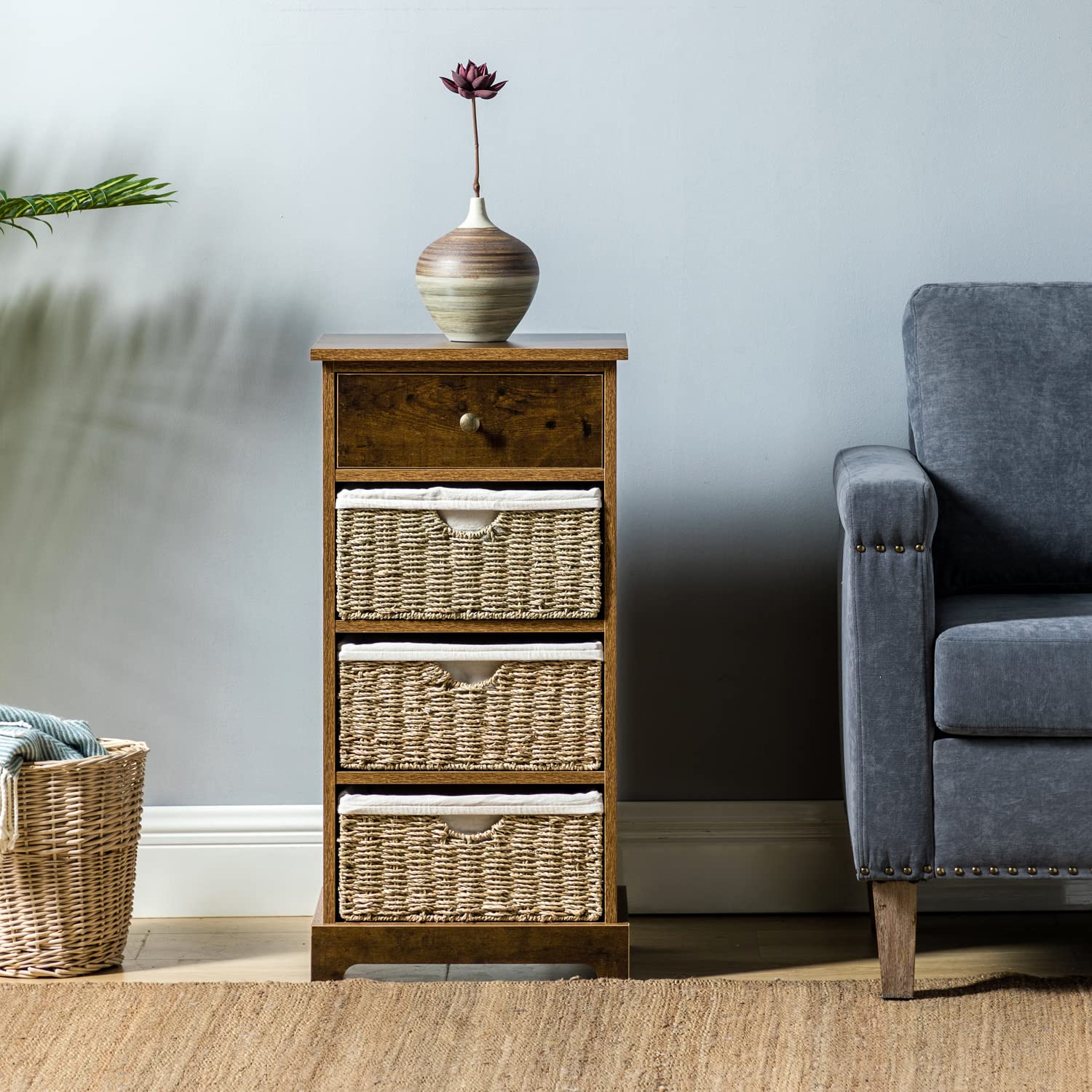 Vintage Brown Tall End Table with 3 Removable Woven Baskets & 1 Drawer - Nightstand Accent Cabinet for Bedroom, Living Room & Entryway - Sofa Side Table with Storage Organizer for Home Decor & Small Space Organization
