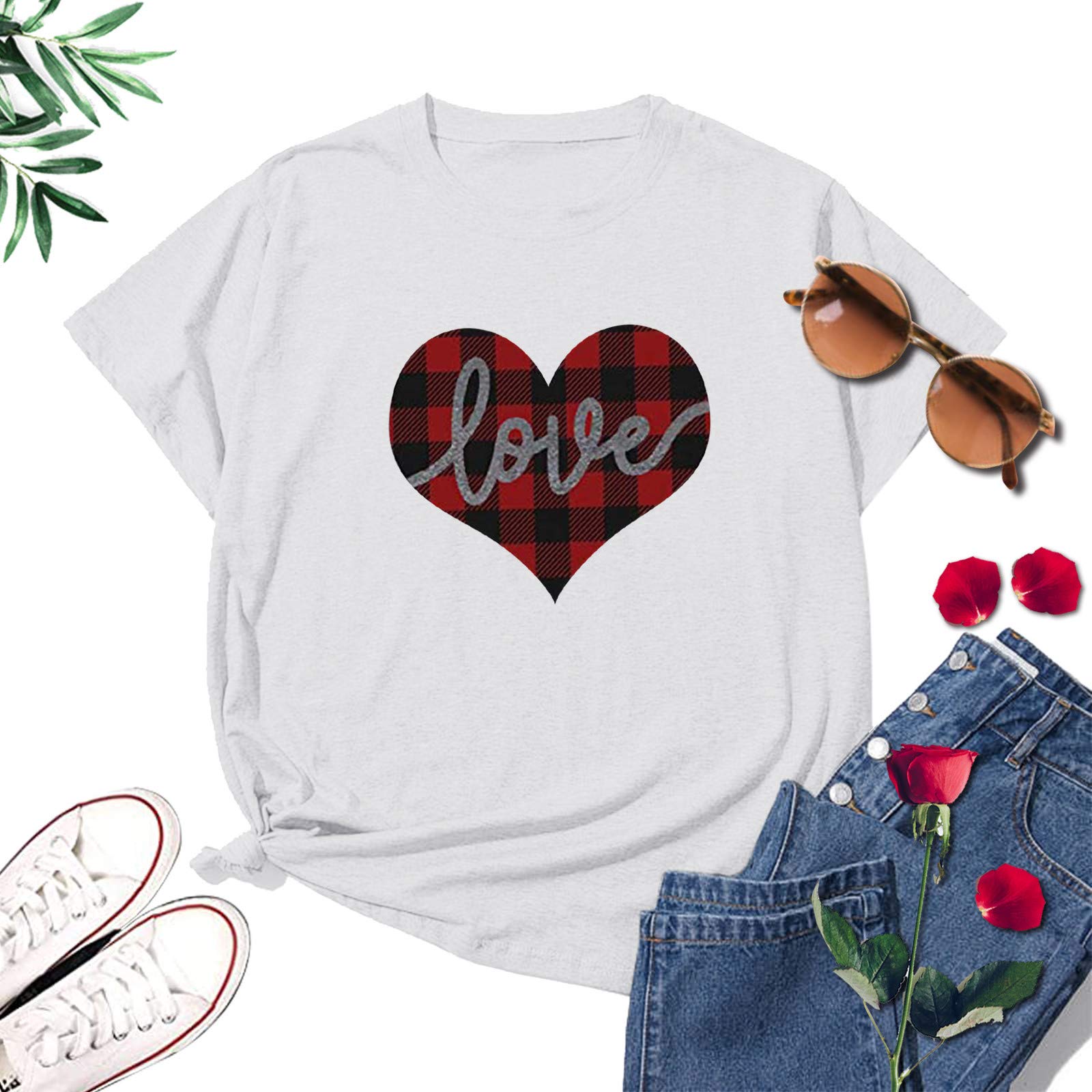 COOKI Women's Valentine's Day T-Shirt - Red Heart Love Graphic Print Short Sleeve Round Neck Tee - Perfect for Date Nights, Galentine's Parties & Romantic Gifts
