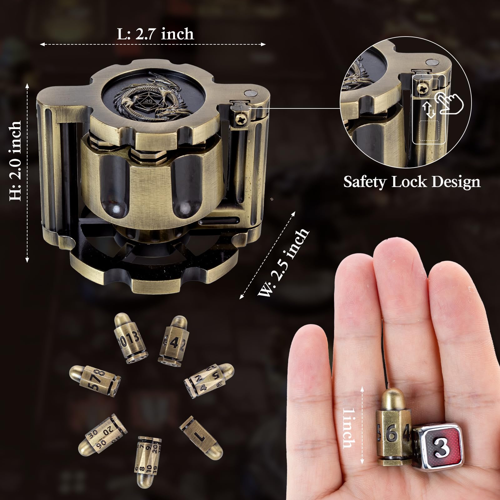Cyberpunk Style Metal Polyhedral Bullet Dice Set of 7 with Spinning Revolver Cylinder - DND Dice for Warhammer 40K, D&D, Pathfinder RPG | Perfect for Tabletop Gaming, Crime-Themed Campaigns & Collector Displays