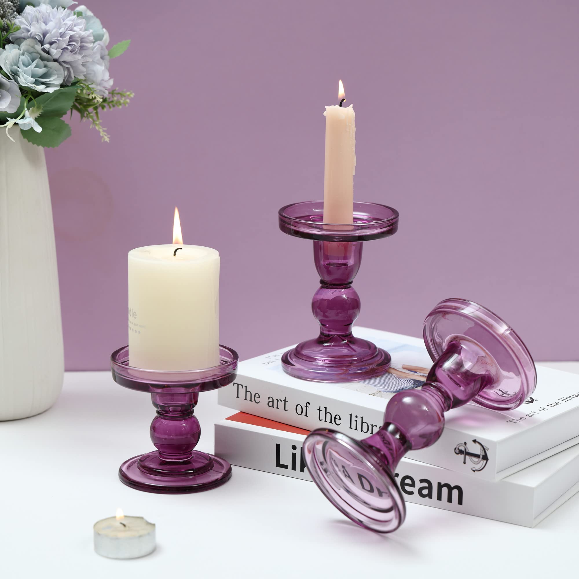 GMWD 3-Piece Glass Candle Holder Set - Clear & Purple for Wedding Centerpieces & Home Decor
