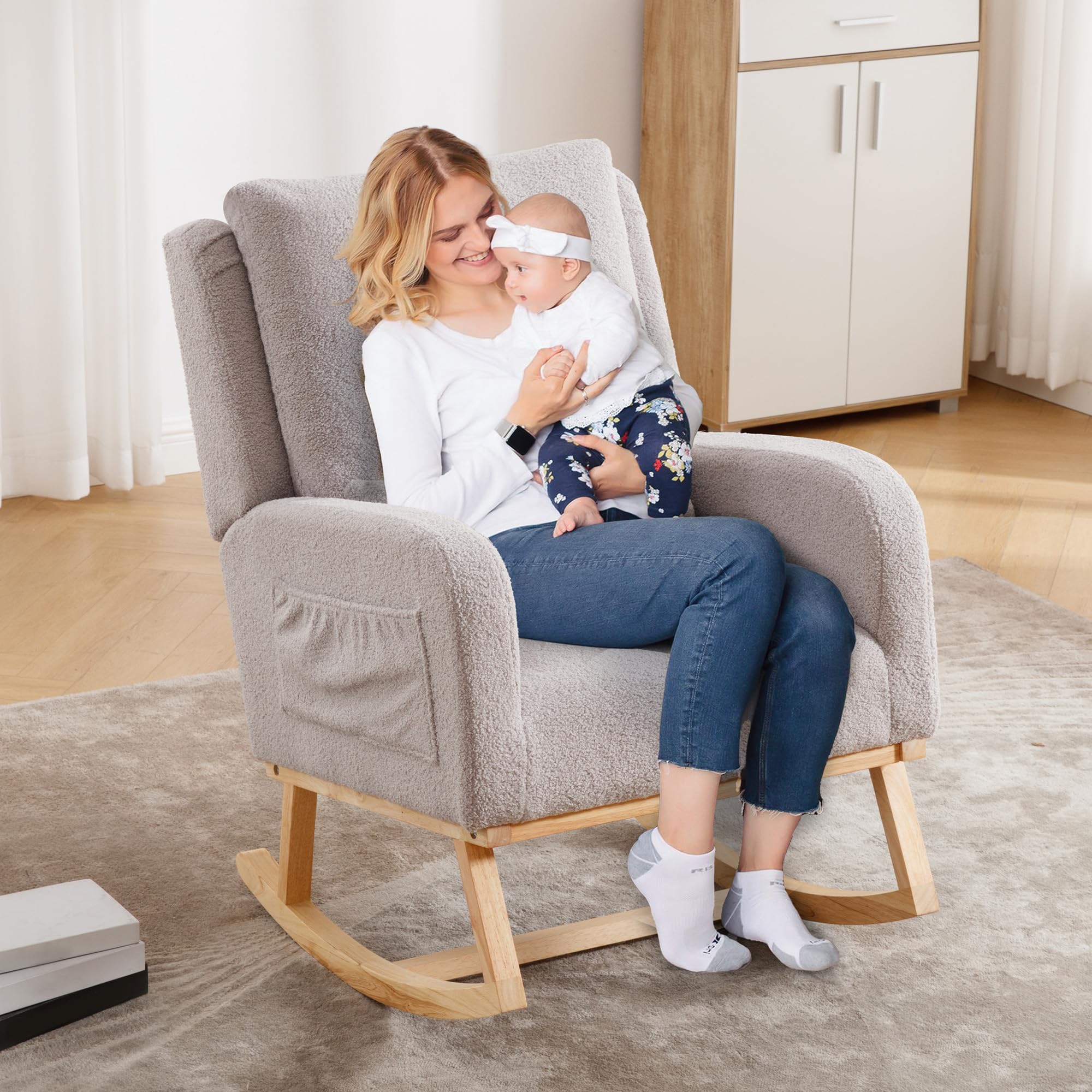Sherpa Nursing Rocking Chair - Modern Upholstered Nursery Glider Rocker with Pillow for Mom, Baby Nursery, Living Room & Bedroom - Soft Teddy Light Grey - Perfect for Breastfeeding, Relaxing & Nursery Decor