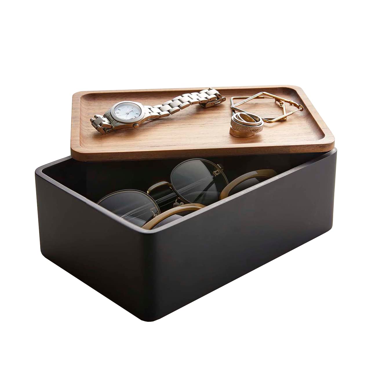 Yamazaki Home Rin Jewelry Box with Wooden Lid - Stylish Storage for Watches, Sunglasses & Accessories - Perfect for Bedroom, Bathroom & Vanity Organizer