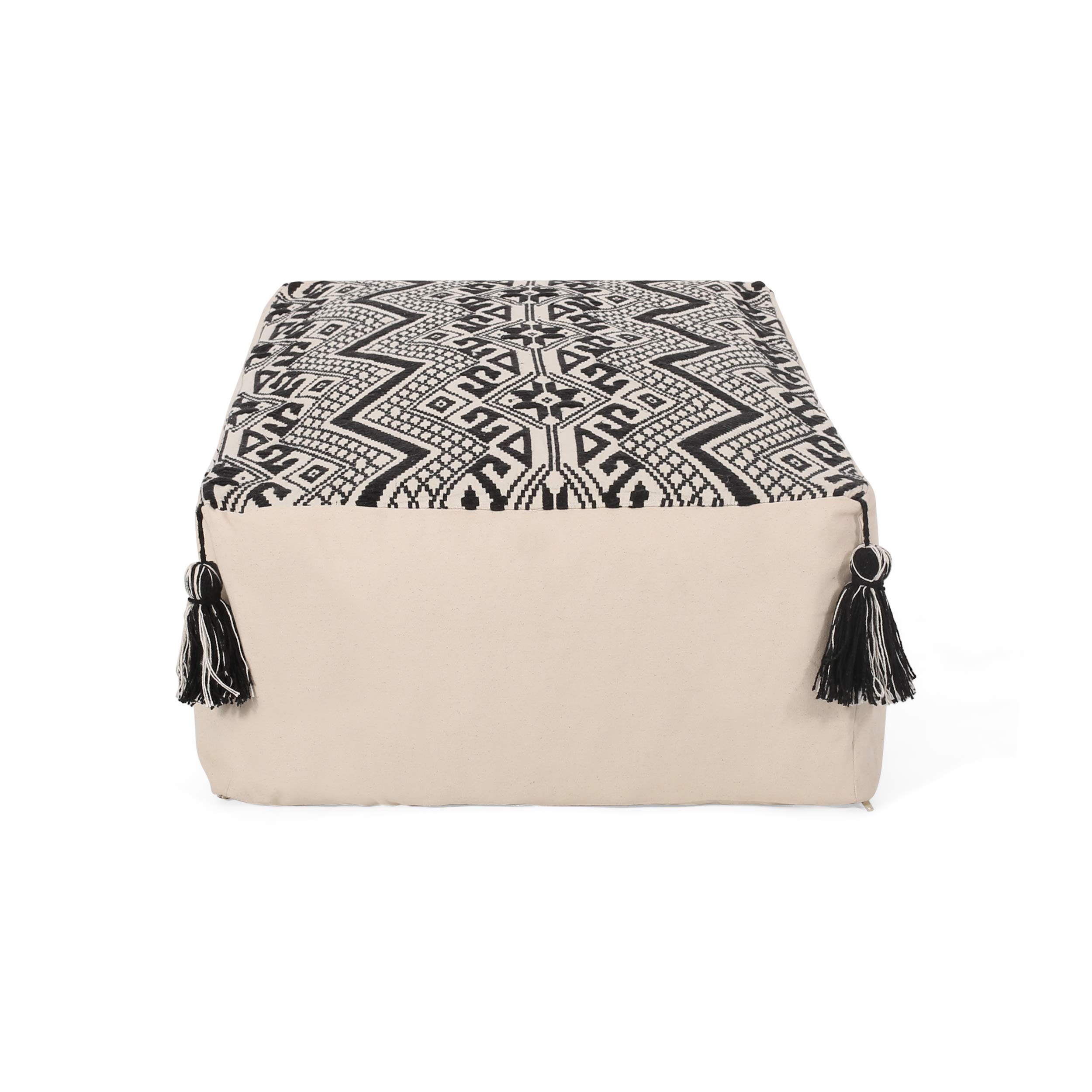 Christopher Knight Home Alva Boho Rectangular Bean Bag Ottoman - Natural & Black - Stylish Floor Seating for Living Room, Bedroom or Dorm Decor