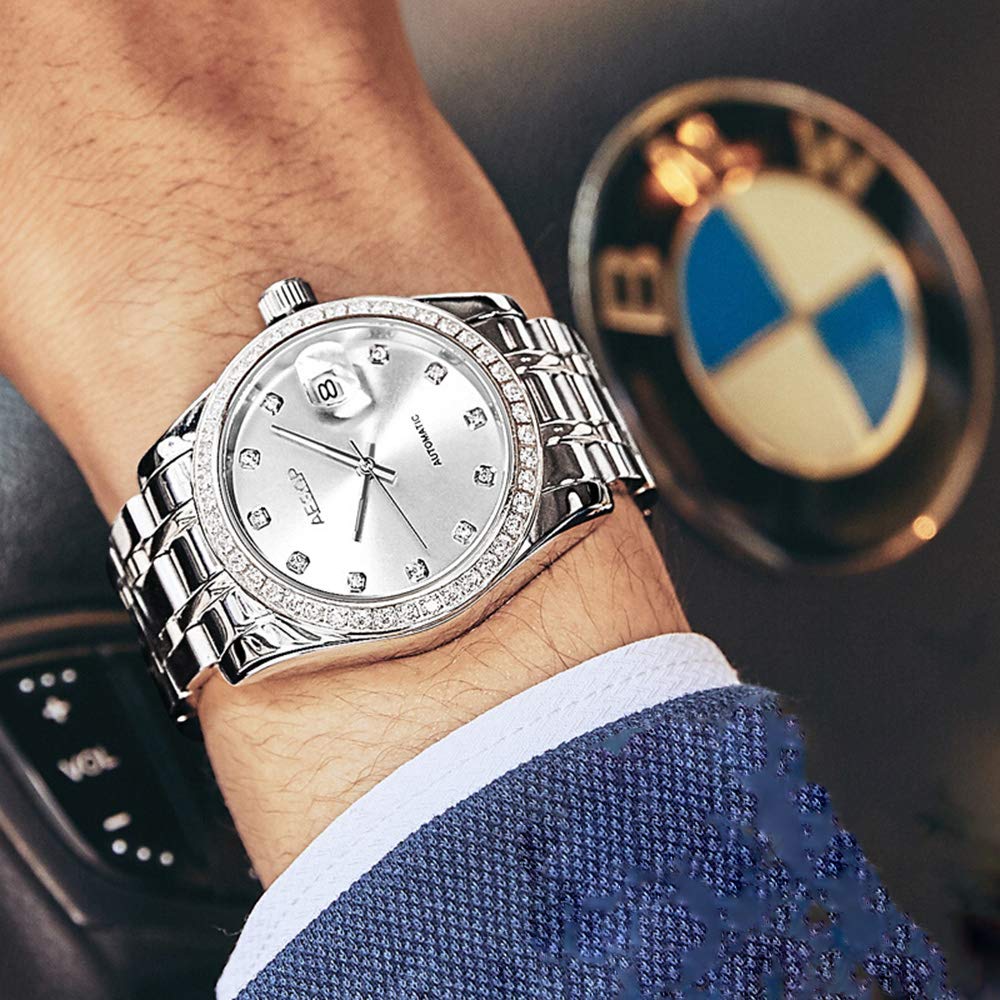 MASTOP Automatic Mechanical Waterproof Stainless Steel Watch Set for Couples - His & Her Matching Watches for Dating, Anniversaries & Romantic Gifts