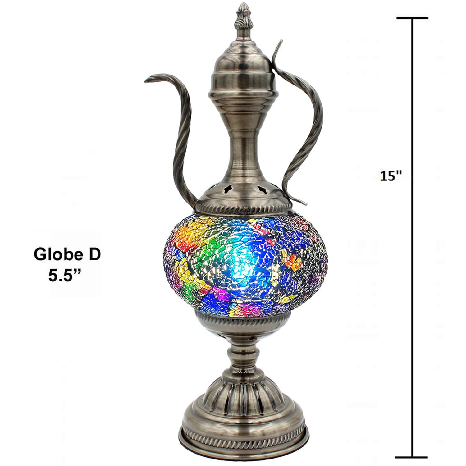 Handcrafted Mosaic Turkish Teapot Lamp with Moroccan Glass & Bronze Base - E12 Bulb Included - Perfect for Home Decor, Living Room, Bedside Table & Office Desk Lighting (Spring Bright Collection)