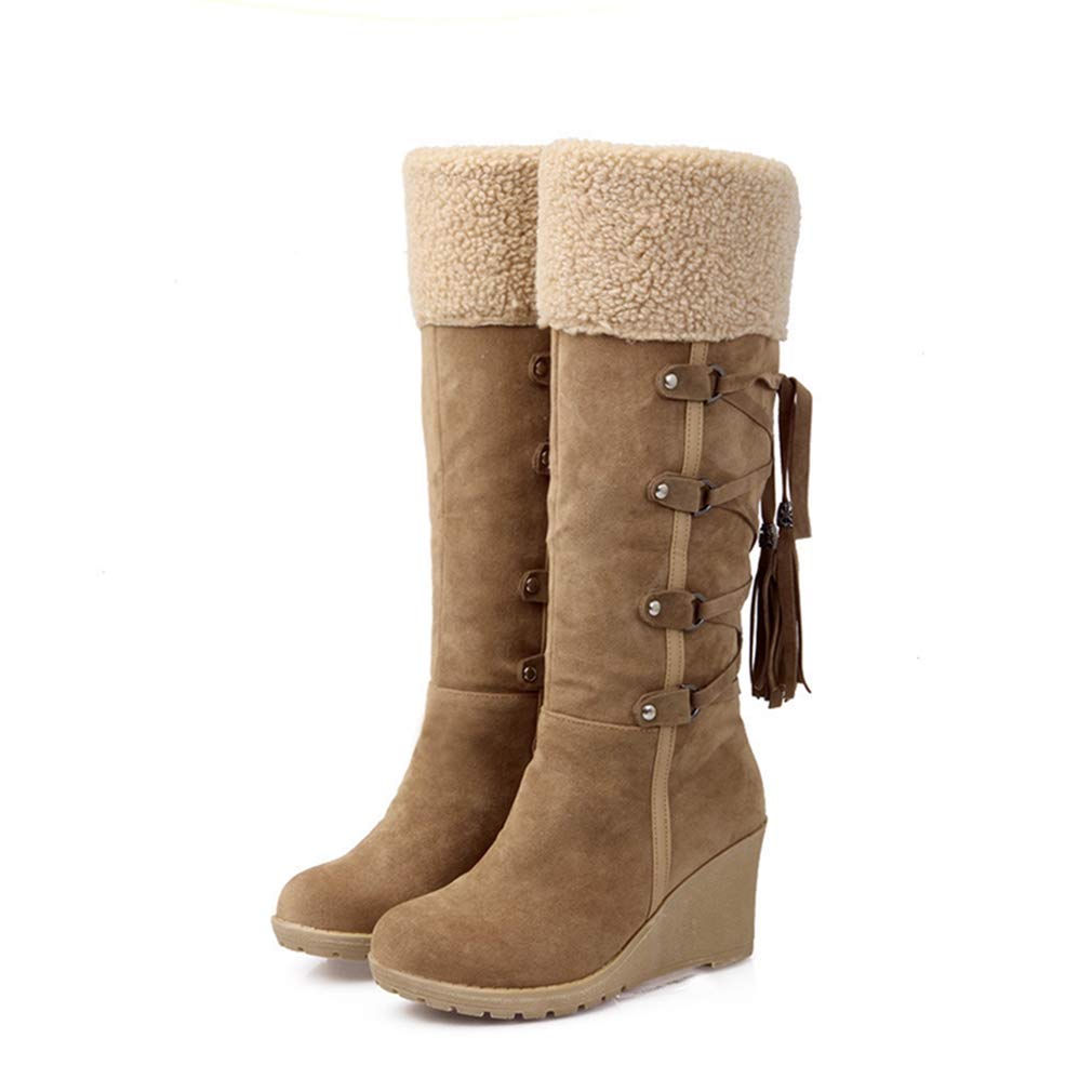 GIY Women's Winter Fur Wedge Snow Boots - Waterproof Mid Calf Wide Width Platform Booties with Fringe | Warm Slip On Winter Shoes for Snowy Days, Outdoor Activities & Cold Weather Fashion