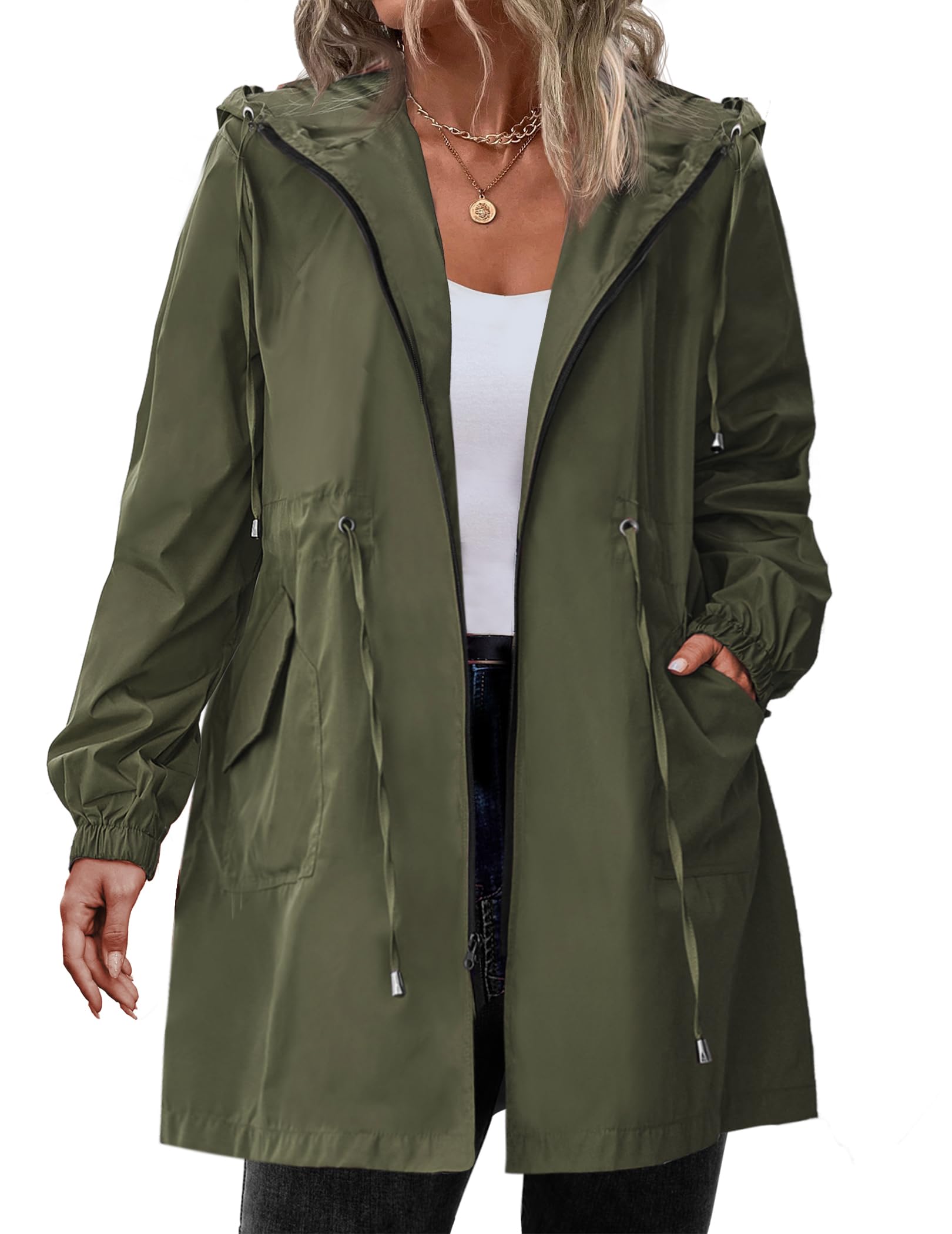 IN'VOLAND Women's Waterproof Rain Jacket Plus Size Long Hooded Windbreaker Lightweight Raincoat with Pockets for Outdoor Hiking, Camping & Travel