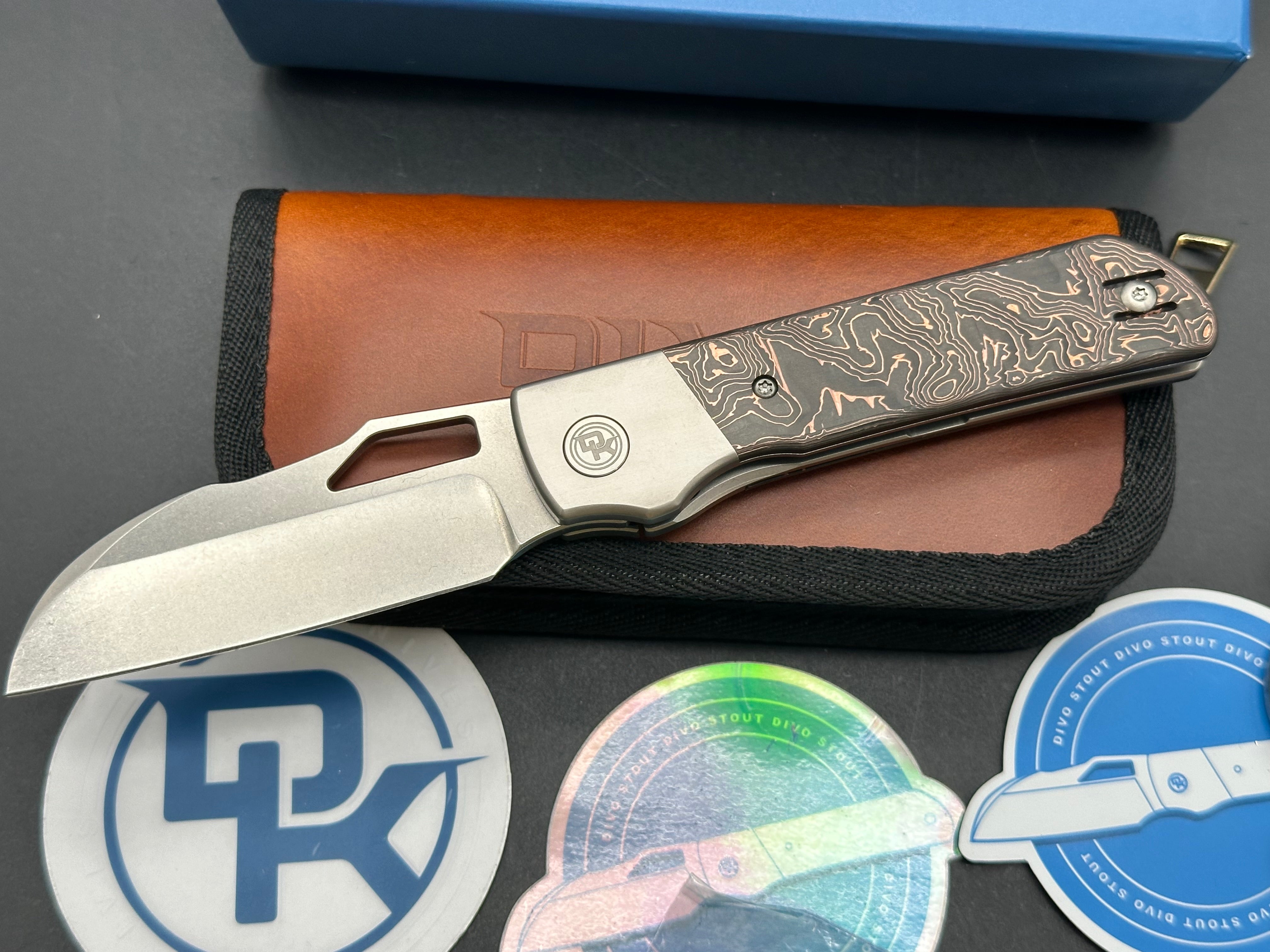 Premium Divo Knives Stout Folding Knife - Copper & Carbon Fiber Scales, Titanium Frame, 20CV Steel Blade, Timascus Back Spacer - EDC, Outdoor, Camping, Survival Gear