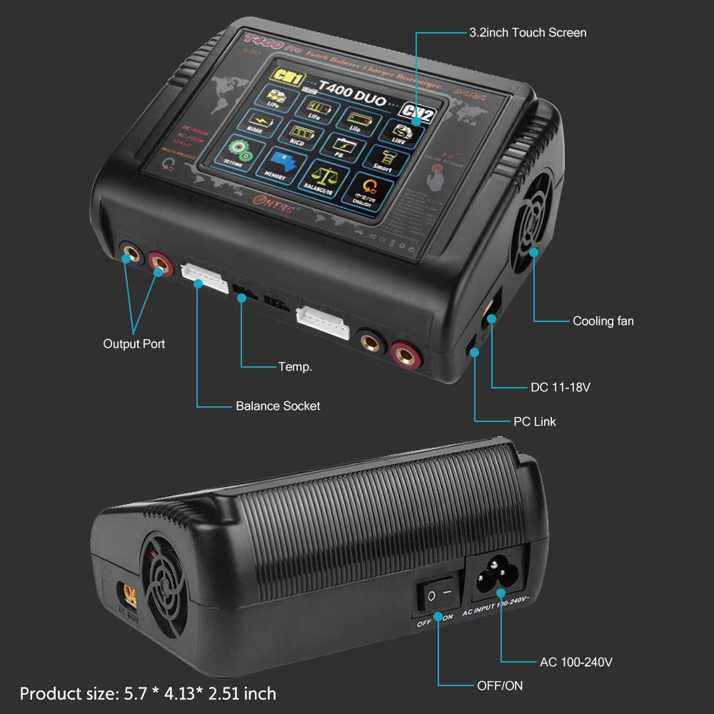 Professional 200W AC/400W DC 12A LiPo Battery Charger Discharger with Touch Screen - Balance Charger for LiPo/LiFe/NiCd/NiMH/LiHV/PB Batteries (1S-6S) - Perfect for RC Cars, Drones, and DIY Electronics Projects