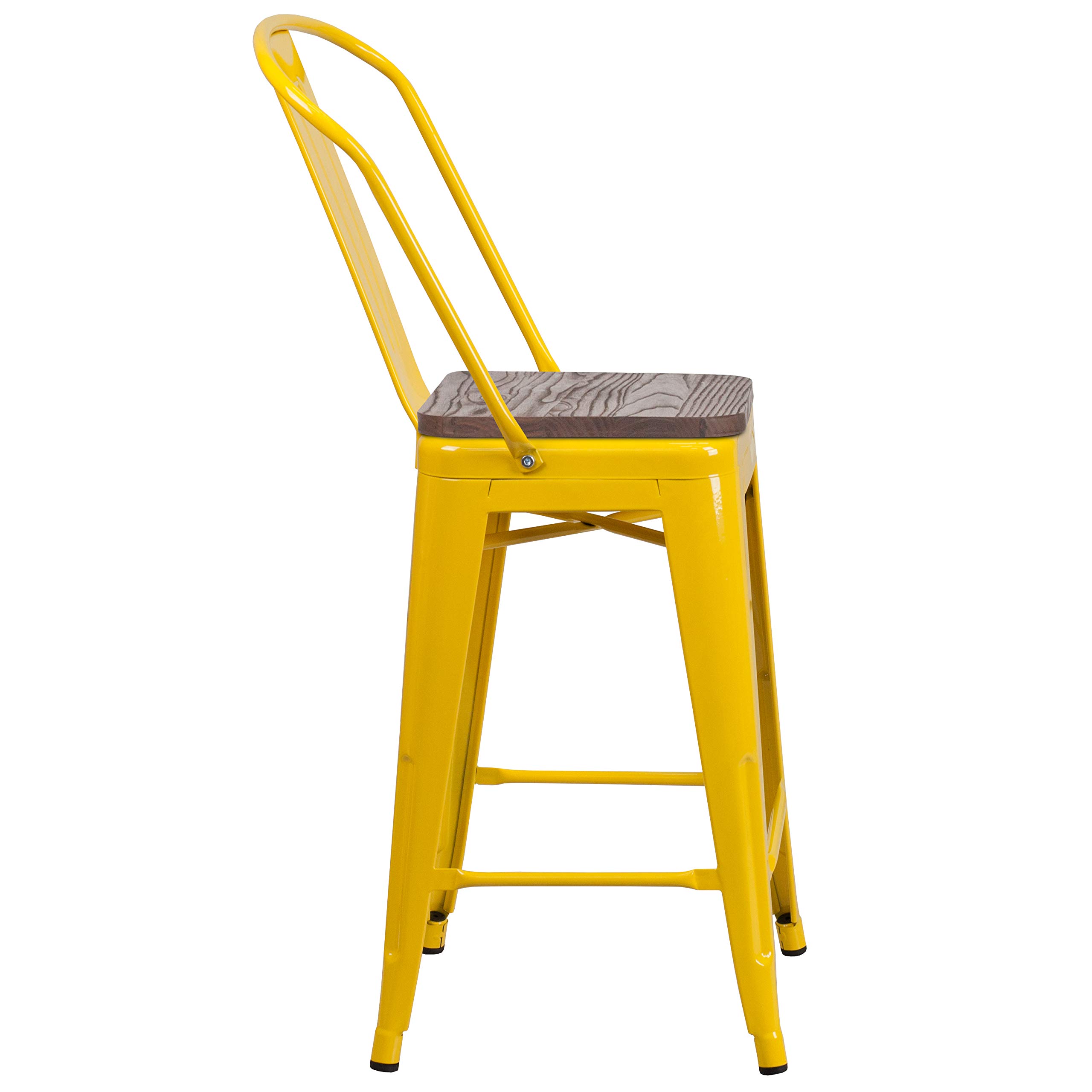 EMMA + OLIVER 24 Inch Yellow Metal Counter Height Bar Stool with Backrest and Solid Wood Seat - Perfect for Kitchen Islands, Breakfast Bars & Home Decor