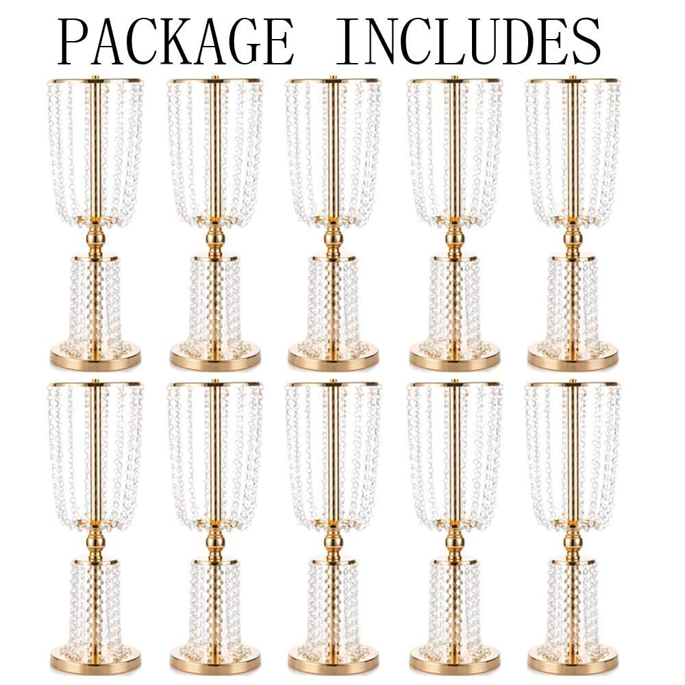 NUPTIO 10-Pack 23.75 Inch Gold Metal Crystal Vases - Tall Wedding Centerpiece Flower Holders for Reception Tables, Bridal Showers, Home Decor & Event Decorations