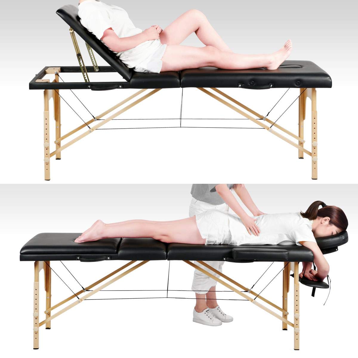 Yaheetech Portable Folding Massage Table - 60cm Wide 3-Section Spa Beauty Bed for Tattoo & Therapy - Lightweight Wooden Frame - Perfect for Home, Salon & Mobile Massage Services