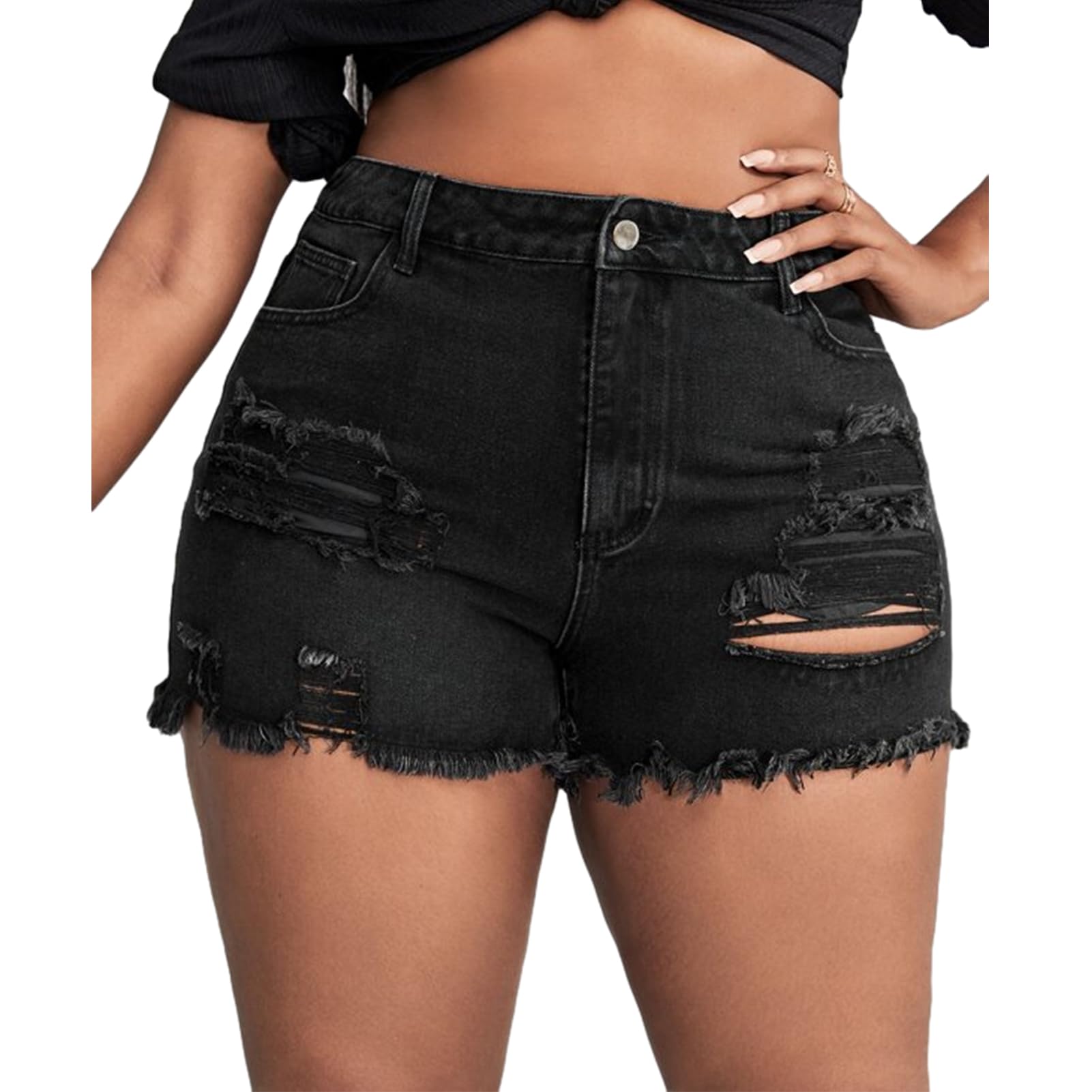 MapleHub Plus Size Women's Ripped Denim Shorts - High Waisted Stretchy Jean Shorts with Folded Hem for Summer | Casual Wear, Beach Outfits, Street Style Fashion