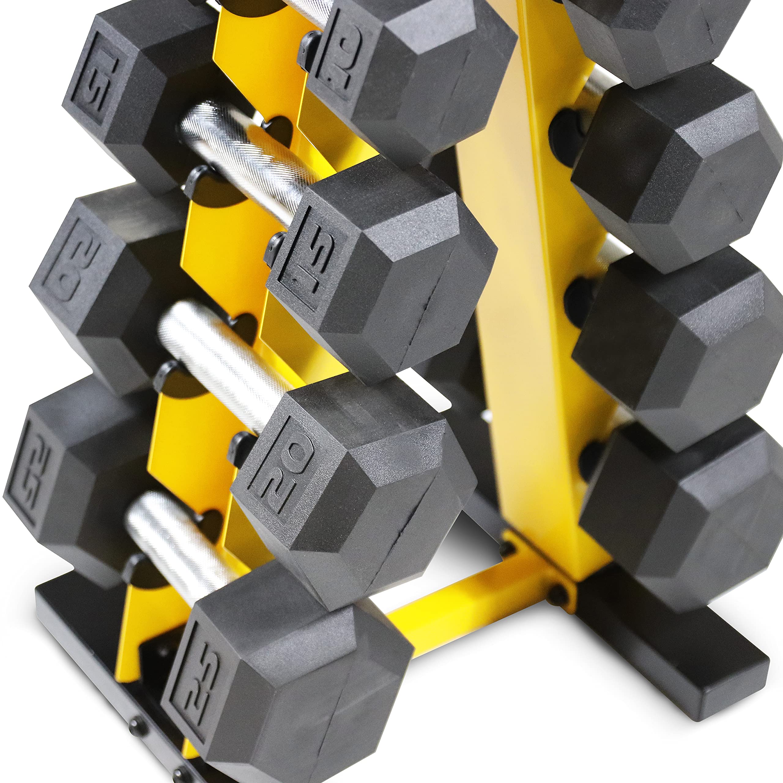WF Athletic Supply 5-25Lb Rubber Coated Hex Dumbbell Set with A-Frame Storage Rack - Non-Slip Hexagonal Design for Home Gym, Muscle Toning, Strength Training & Weight Loss - Multiple Weight Options - Perfect for Home Workouts, CrossFit & Personal Training