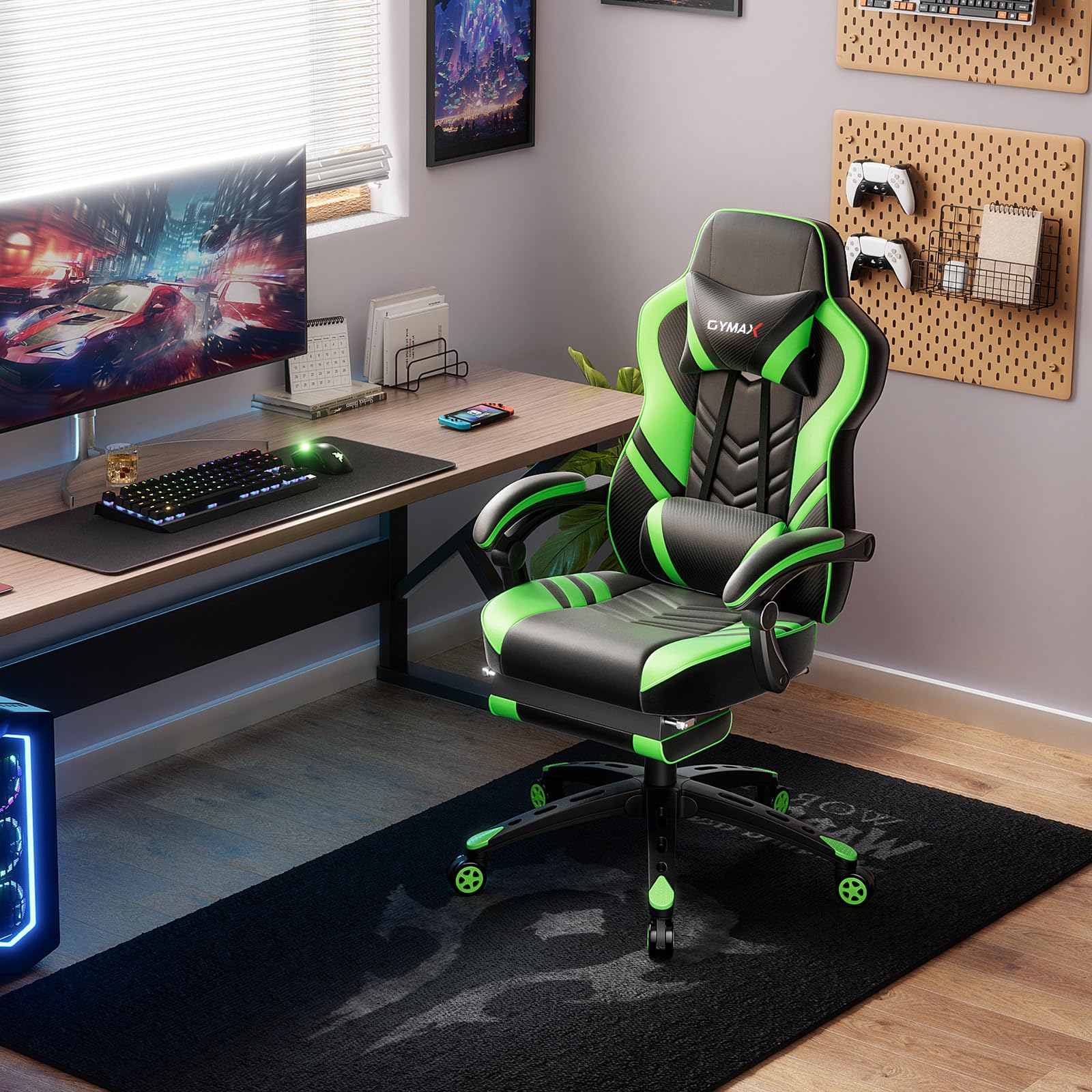 **POWERSTONE Gaming Chair - Ergonomic Racing Style PU Leather Computer Chair with Adjustable Lumbar Support & Footrest - Green - Perfect for Esports, Streaming & Office Work**