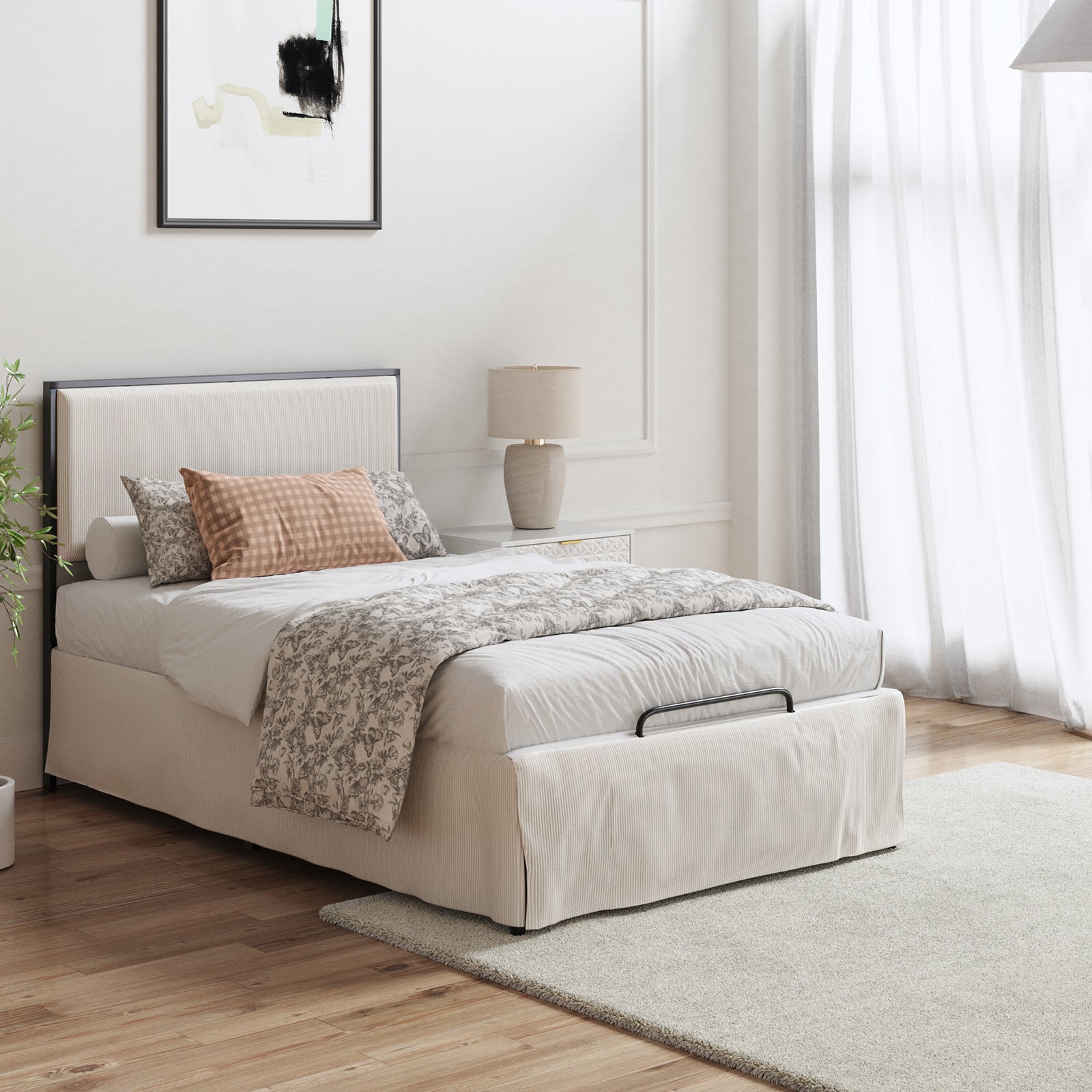 Rosa Upholstered Platform Storage Bed with Bed Skirt - Queen Size Fabric Bed Frame with Underbed Storage Drawers & Dust Ruffle - Perfect for Small Bedrooms, Guest Rooms & Apartment Living