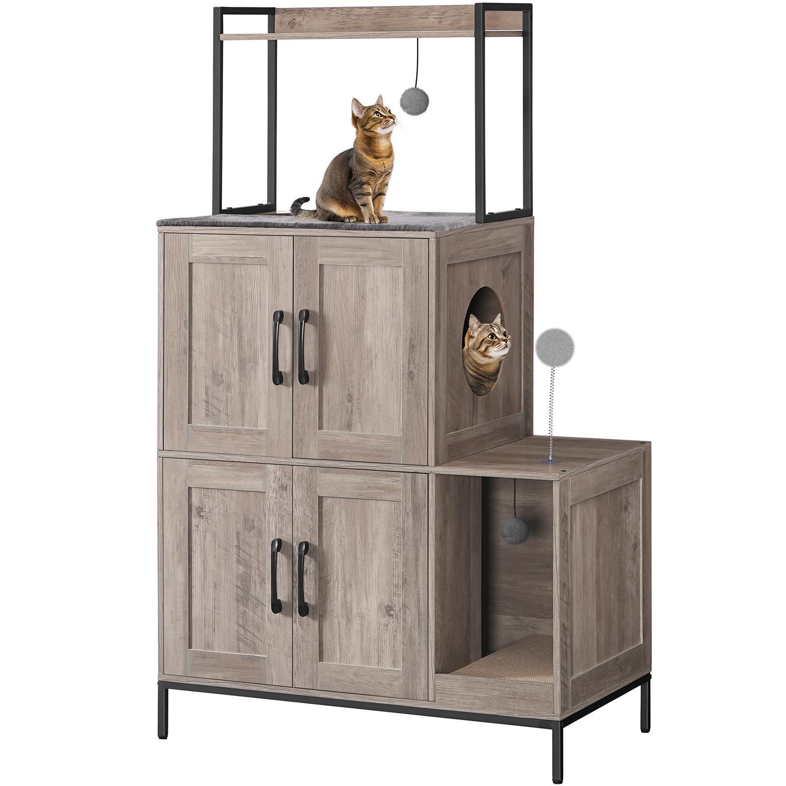 HOOBRO 2-in-1 Hidden Cat Litter Box Furniture Enclosure with Shelf - Double Litter Box Cabinet with 2 Plush Balls & Toy Ball - Greige & Black BG78MW01 - Perfect for Small Spaces & Home Decor