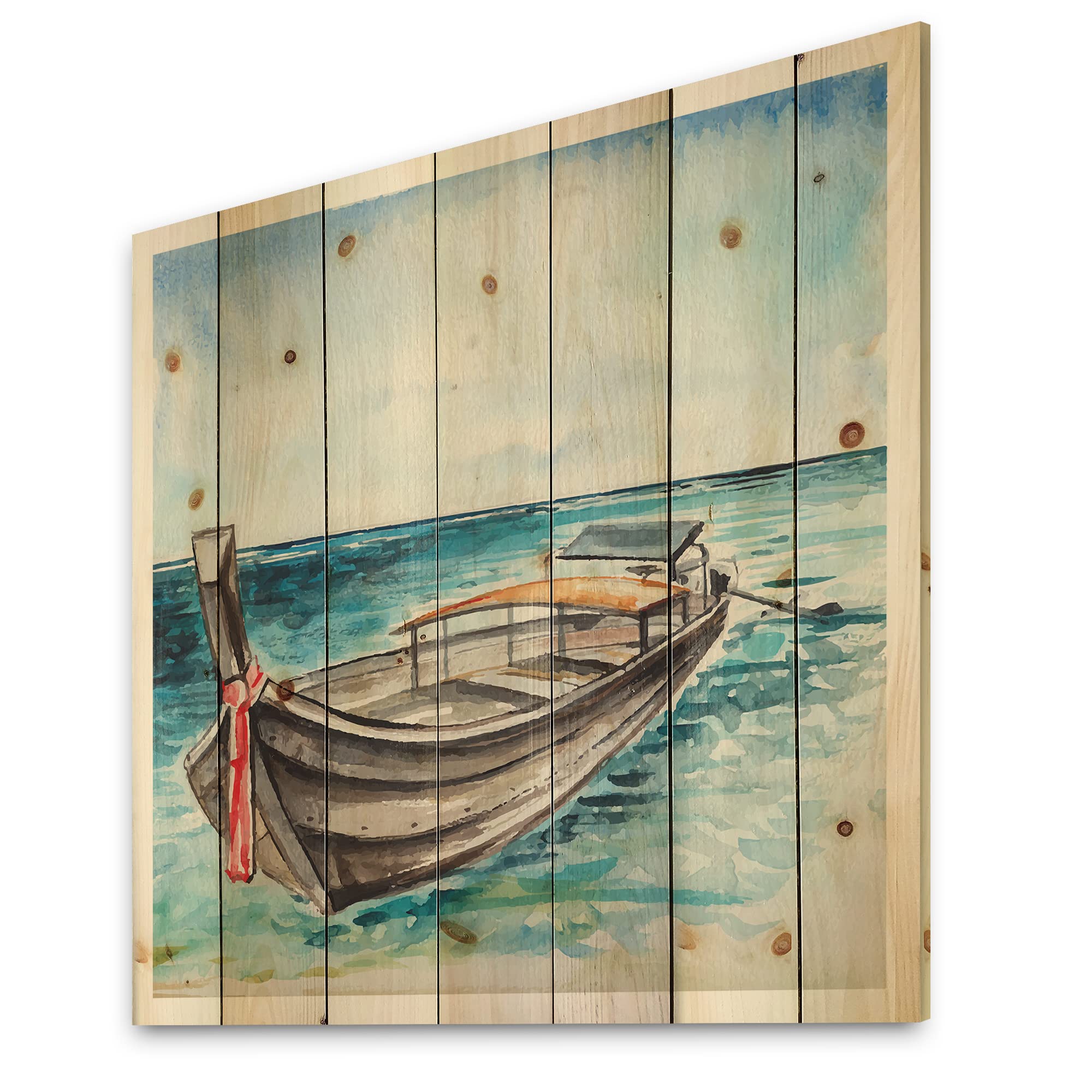 Nautical Coastal Wood Wall Decor - Little Boat At The Shore Blue Wood Wall Art, Large Transportation Wood Panels Printed on Natural Pine | Perfect for Beach House, Living Room & Office Decor