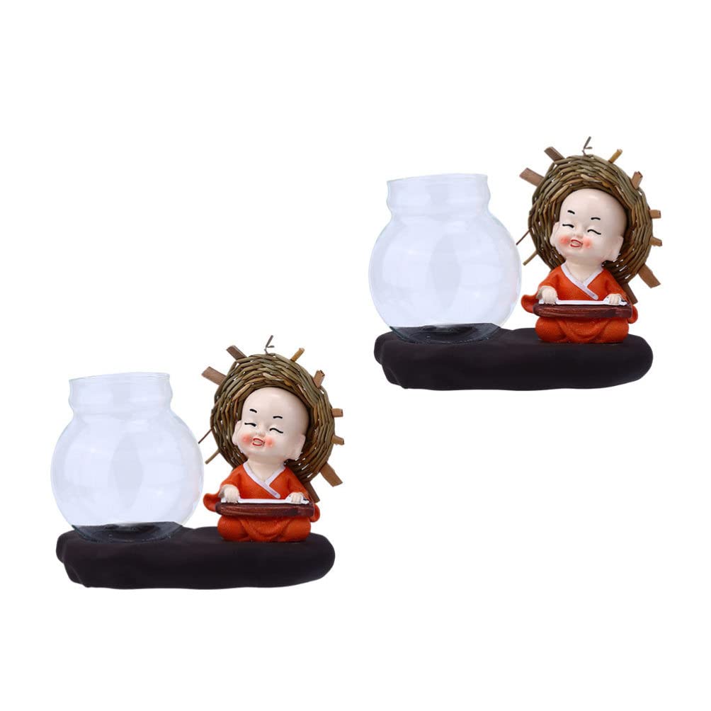 Glass Plant Terrarium with Little Monk Statue - 2 Pack Hydroponic Planter Vase for Succulents, Air Plants | Home & Office Desk Decor, Zen Garden Centerpiece