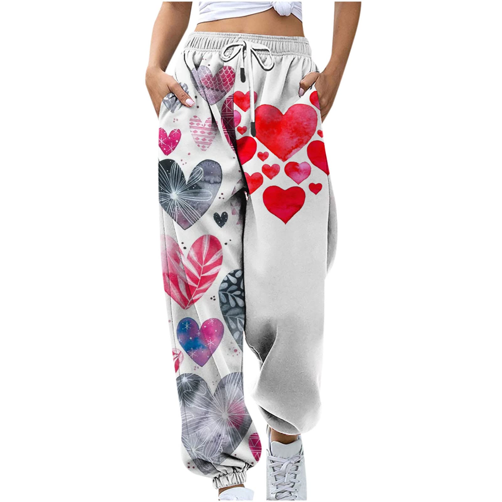 2024 Trendy Women's High Waist Sweatpants - Love Heart Print Joggers with Elastic Waistband, Wide Leg Lounge Pants with Pockets for Work, Casual & Home Comfort