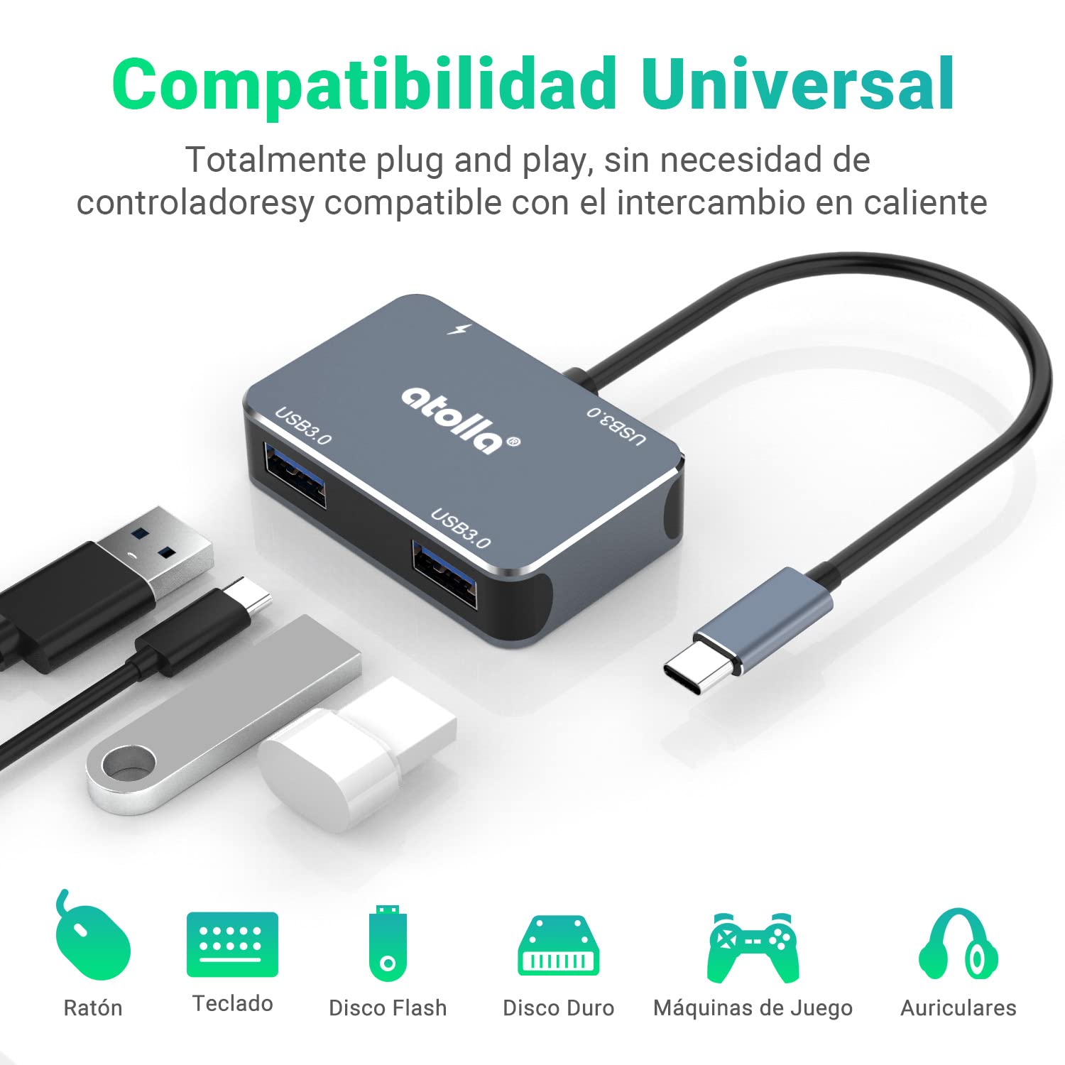 Atolla 4-in-1 USB C Hub with 3 USB 3.0 Ports & 60W PD - Aluminum USB C Adapter for MacBook Pro/Air, iPad Pro, Chromebook, Dell - Perfect for Home Office, Travel & Multi-Device Charging