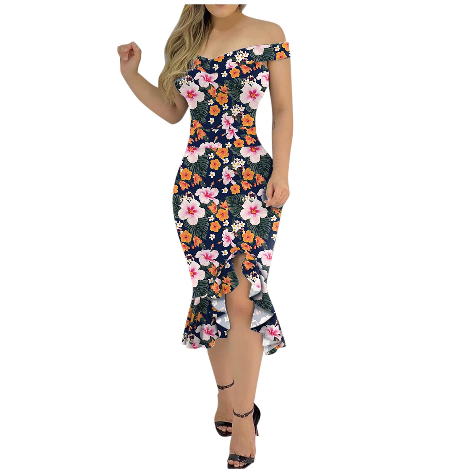 Stylish Women's Floral Print Slit Dress with Cold Shoulder Ruffles & Button Details - Perfect for Summer Parties, Weddings & Casual Outings
