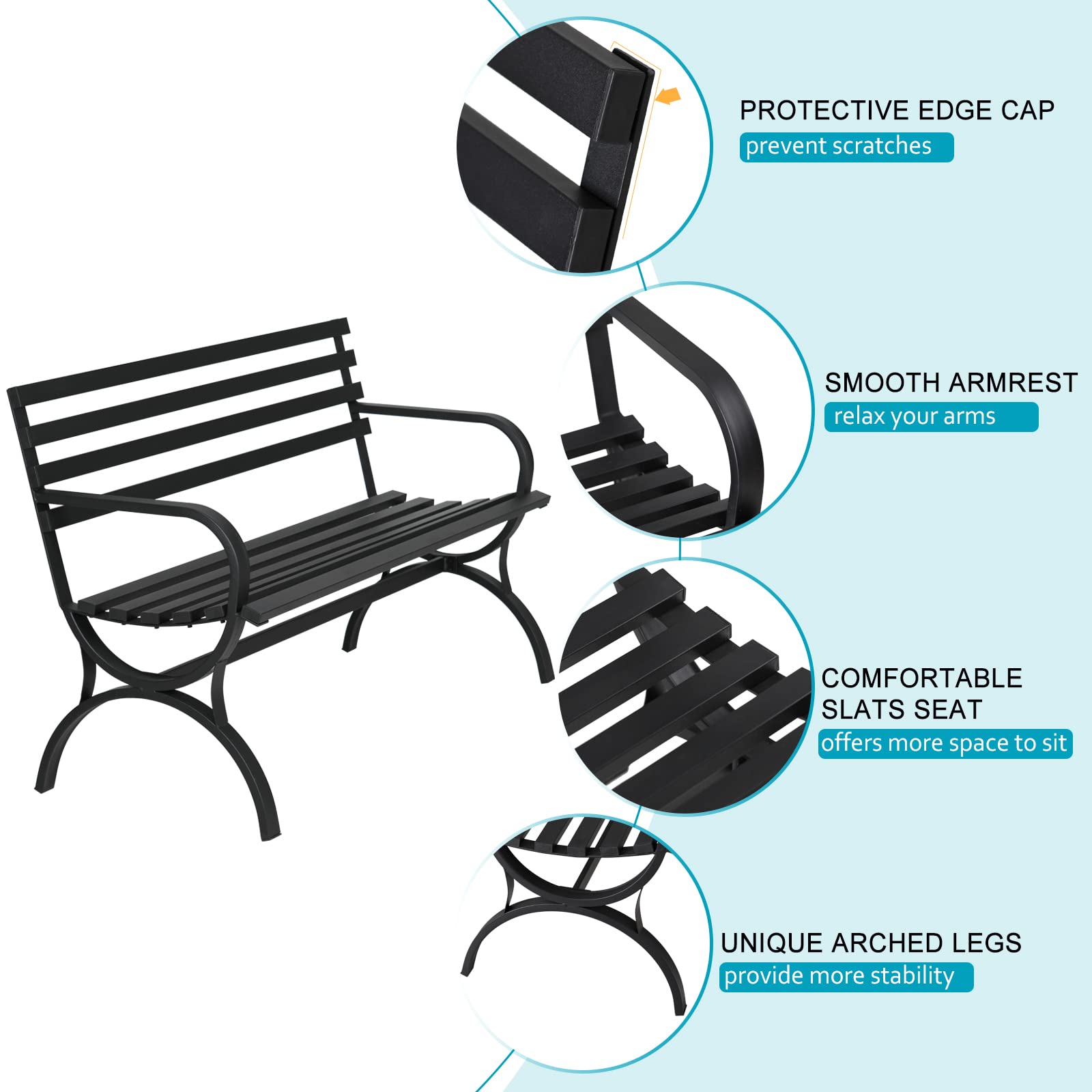 MFSTUDIO Outdoor Garden Patio Bench - Durable Iron Metal Steel Frame with Backrest & Armrest - Perfect for Lawn, Porch, Backyard, Balcony - Black | Ideal for Relaxing in Gardens, Parks, and Outdoor Spaces