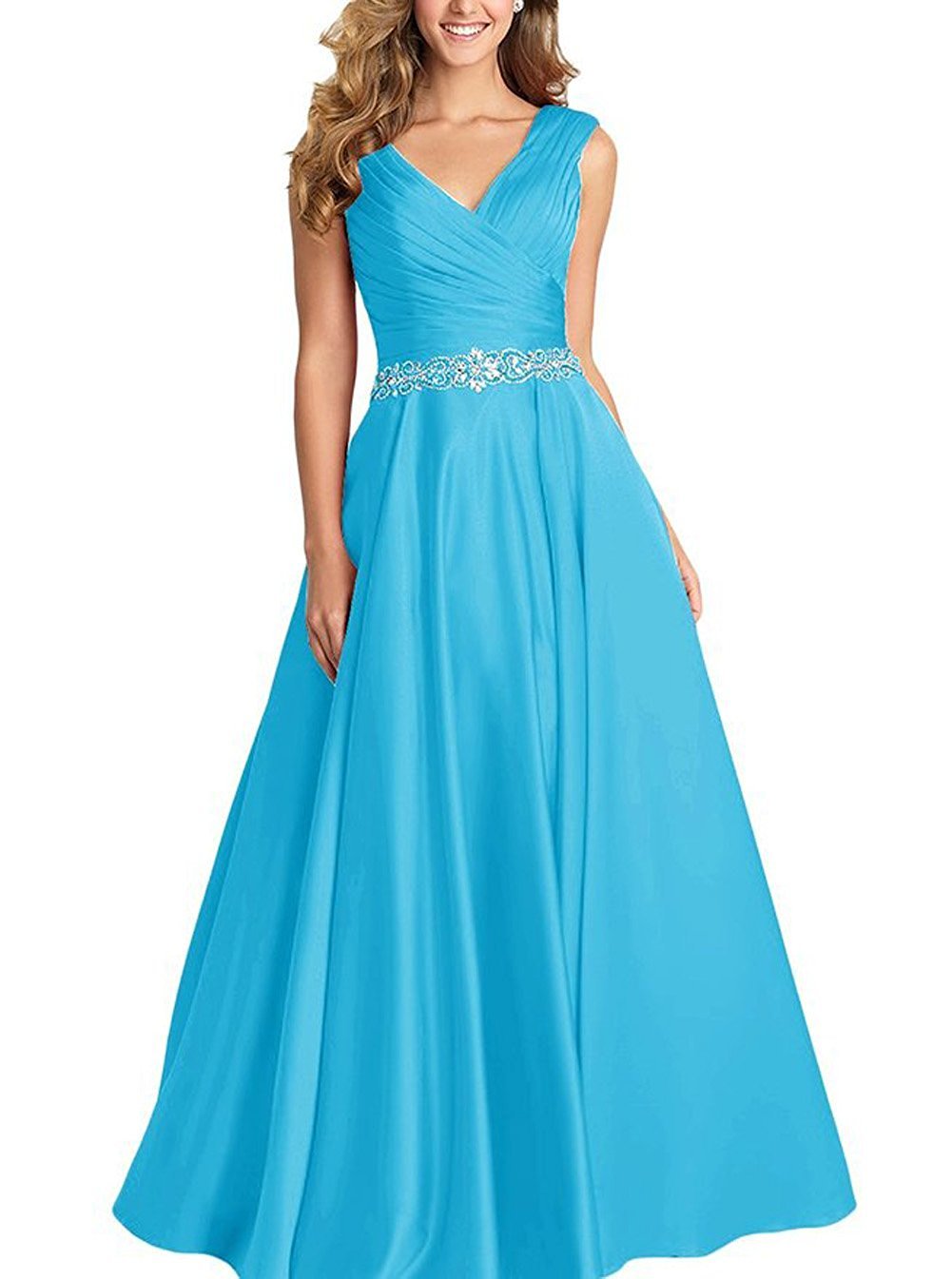 Dannifore Women's Beaded V-Neck Pleated Satin Prom Dress - Elegant Long Formal Evening Gown for Homecoming, Wedding, Cocktail Party & Special Occasions