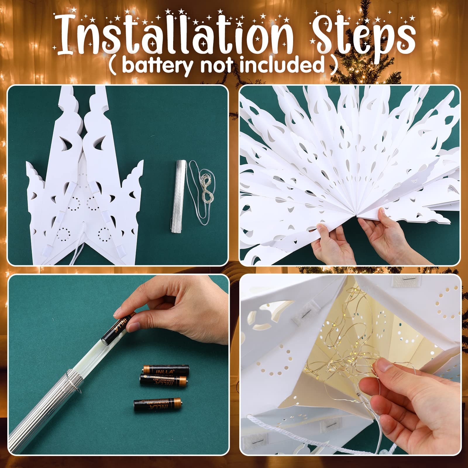23.6 Inch Christmas Star Snowflake Paper Lantern with Timer - Battery Operated Hanging Decor for Holiday Party, Wedding, Birthday, Christmas Tree - Classic Style Home Celebration Decoration