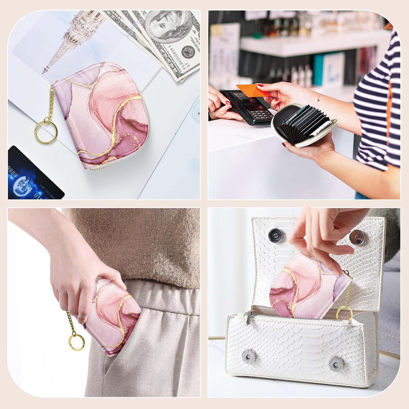 RFID Blocking Slim Leather Credit Card Holder Wallet for Women - Mini Zipper Keychain & Business Card Organizer (Pink Marble) | Perfect for Everyday Use, Travel & Gift Giving