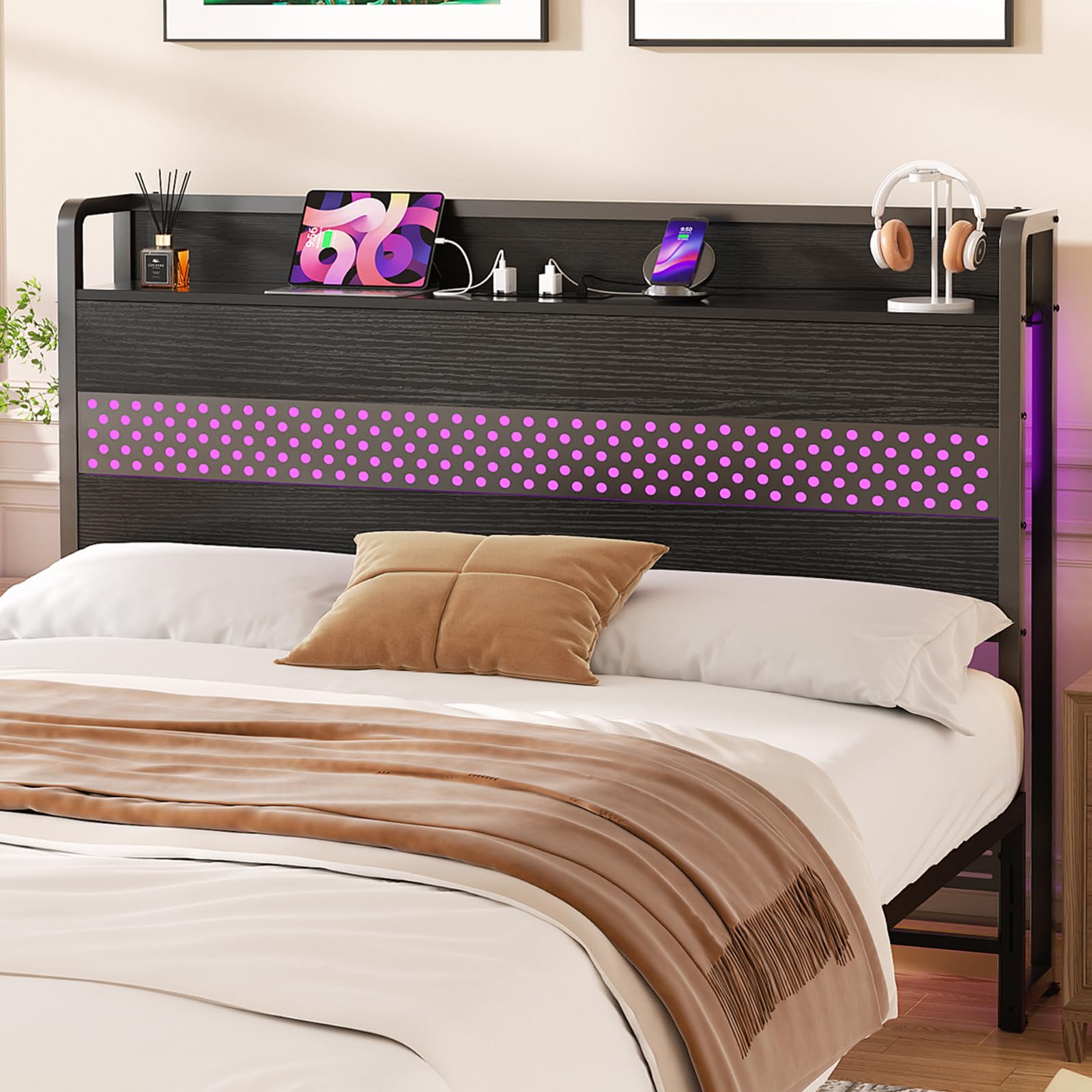 Aheaplus Full Size Headboard with USB Ports, Power Outlets & LED Lights - Adjustable Height, Storage Shelf, Sturdy Metal Frame - Perfect for Bedroom, Dorm, Guest Room (Black)