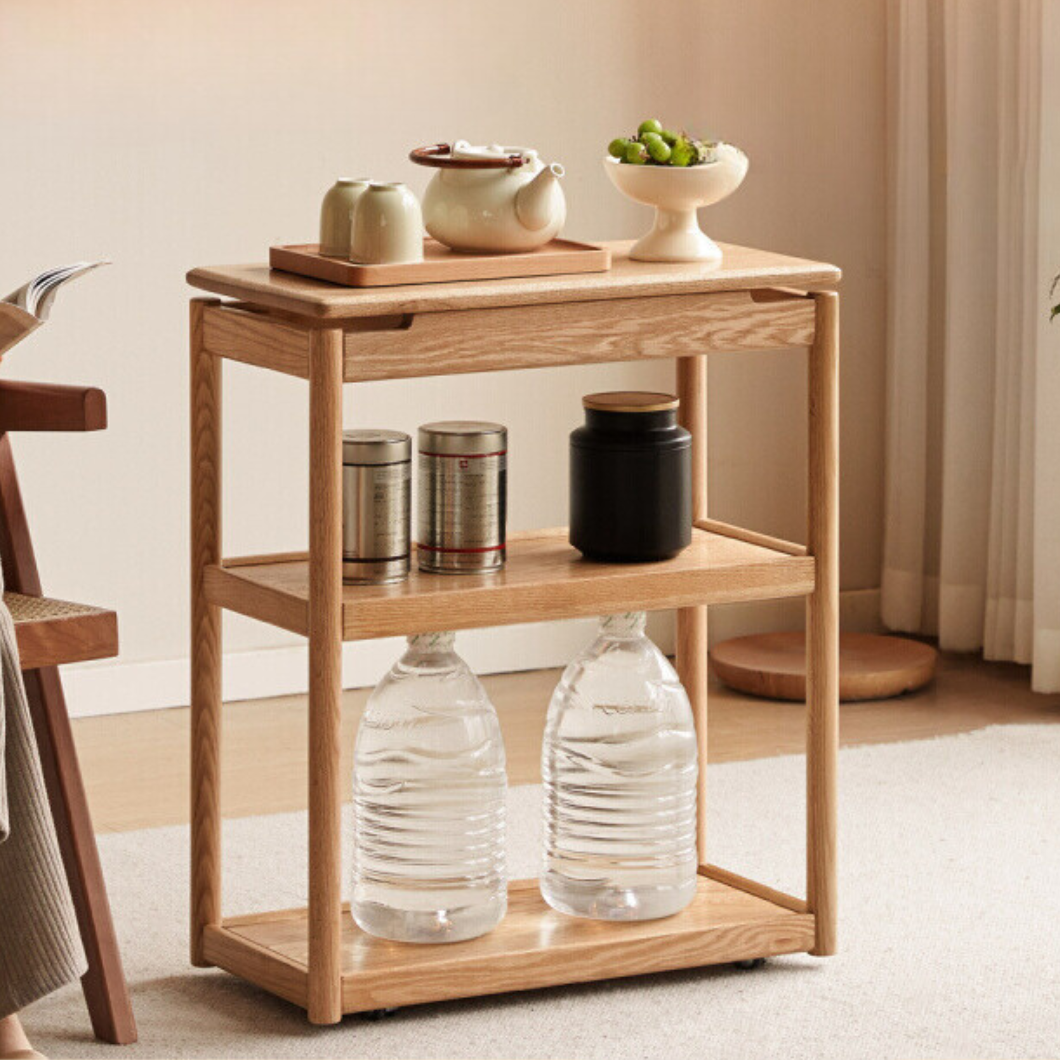 Solid Oak and Ash Wood Mobile Side Table - Portable End Table for Living Room, Bedroom, or Outdoor Use
