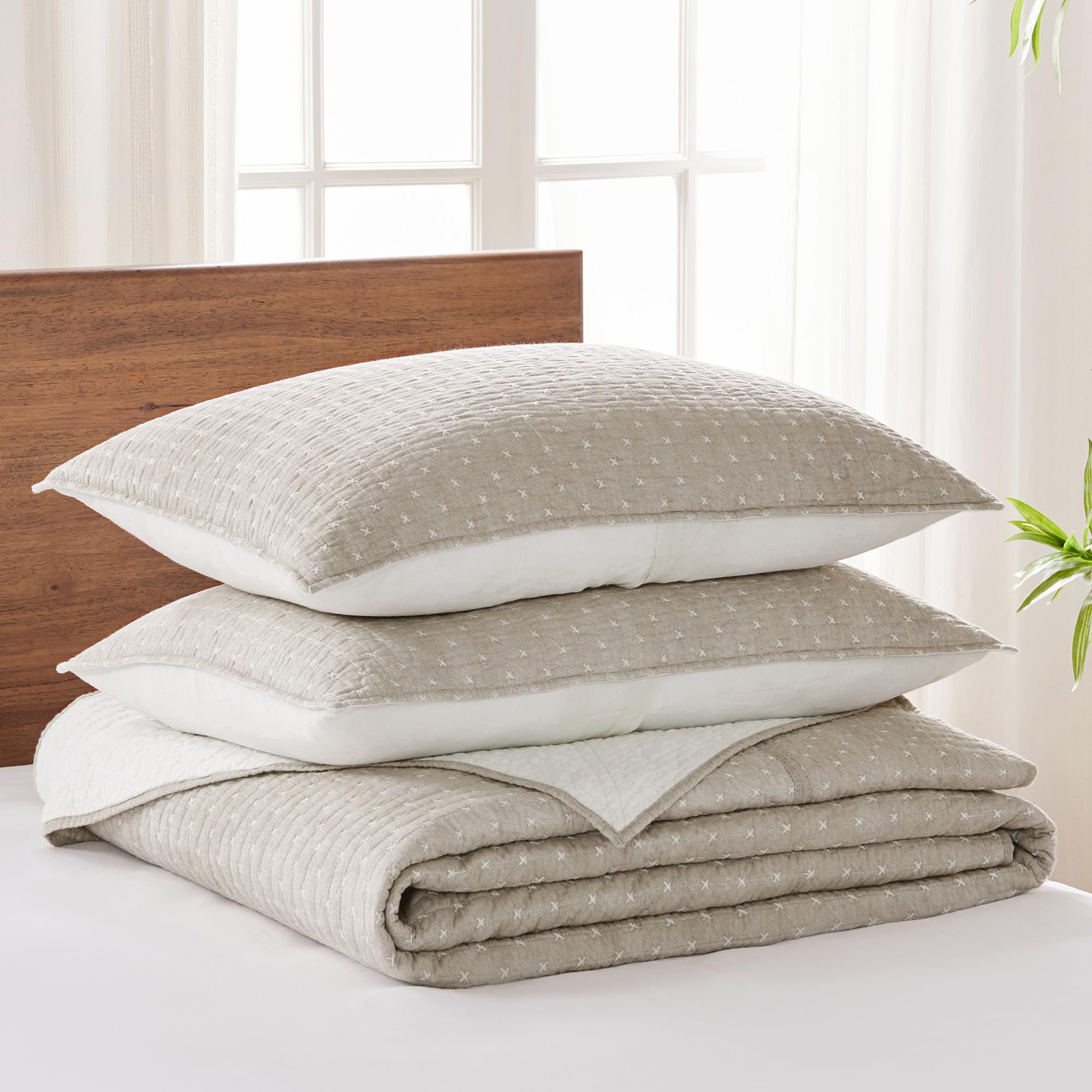 Levtex Home King Size Taupe Cross Stitch Quilted Bedspread Set with 2 Shams - 120x104 Inch Bedspread & 20x36 Inch Shams - Soft Cotton Bedding for Cozy Bedroom Decor - Perfect for Master Bedrooms, Guest Rooms & Farmhouse Style Homes