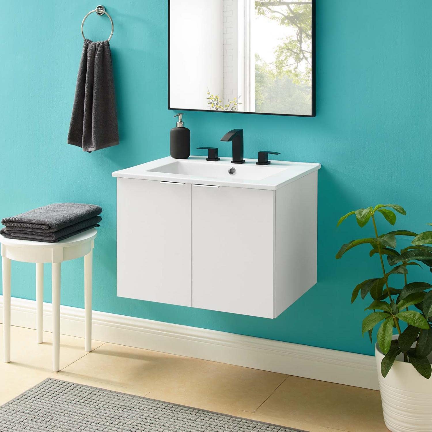 Modway Maybelle 24 Inch White Wall-Mounted Bathroom Vanity with Sink - Space Saving Modern Design for Small Bathrooms, Powder Rooms & Apartments