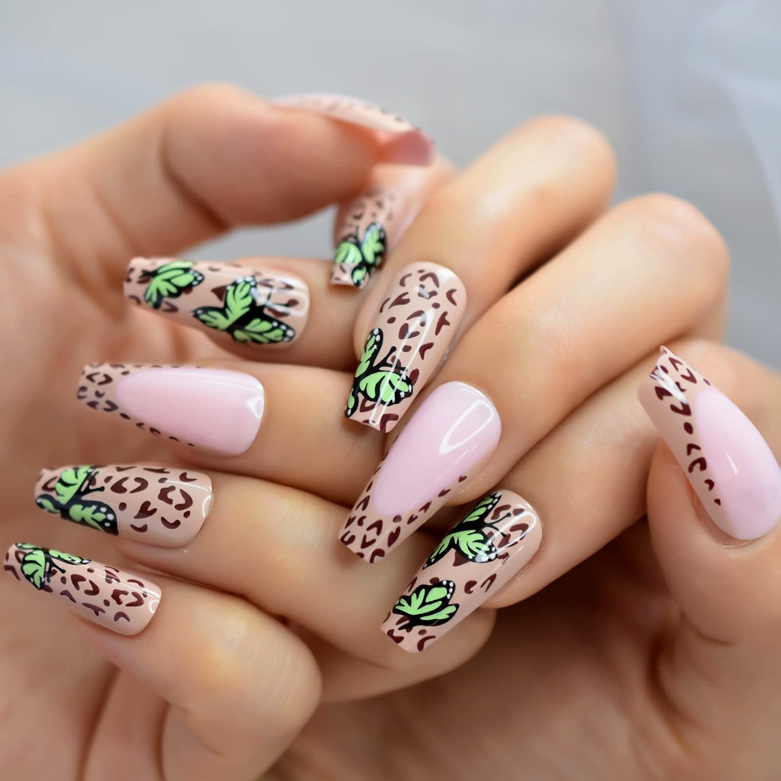 Trendy Green Butterfly French Press False Nails - Glossy Brown Leopard & Pink Ballerina Coffin Fake Nails | Long Lasting Press-On Nails for Parties, Weddings & Special Occasions